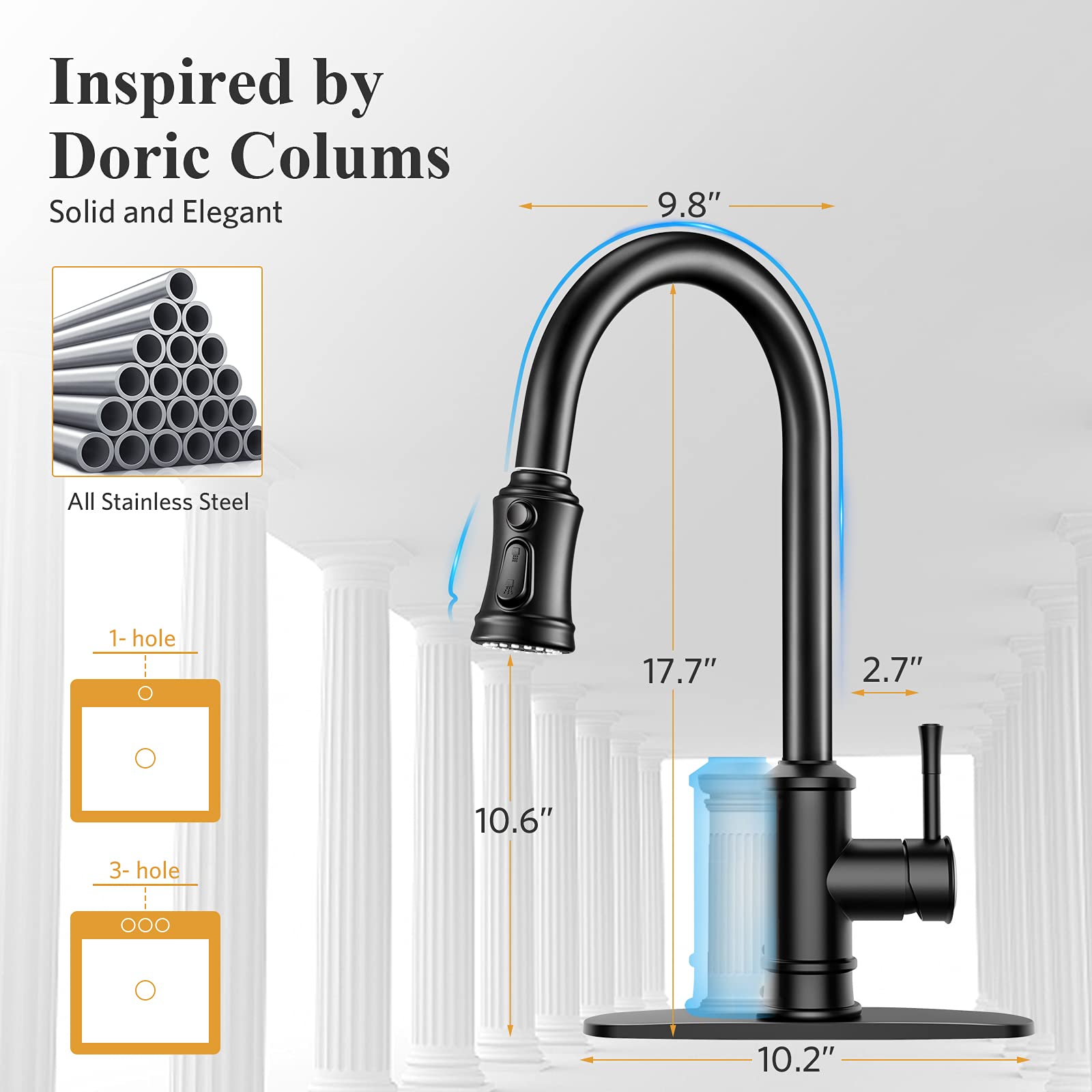 WaterSong Matte Black Pull Down Sprayer Kitchen Faucet - 2 Sprayer Heads, Single Handle & Deck Plate, 3+4 Mode Sprayer Head Replacement - Perfect for Modern Kitchens & Easy Sink Cleaning