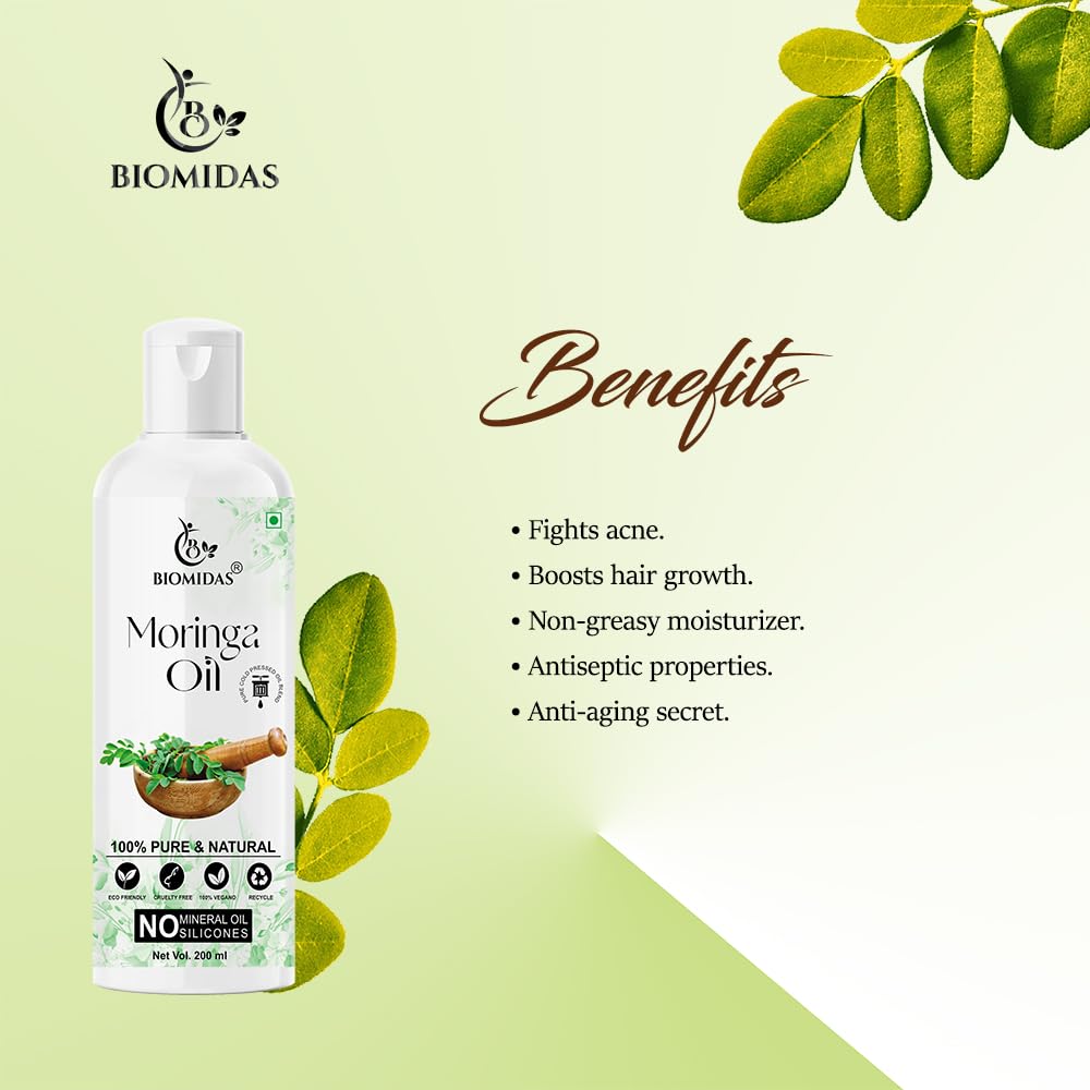 Biomidas 100% Pure Cold Pressed Moringa Oil for Hair Growth, Skin Moisturizer & Anti-Aging Face Care - 200ml (Pack of 1) | Natural Hair Treatment, Dry Skin Relief & Wrinkle Reduction | Perfect for Daily Beauty Routine & DIY Skincare Recipes