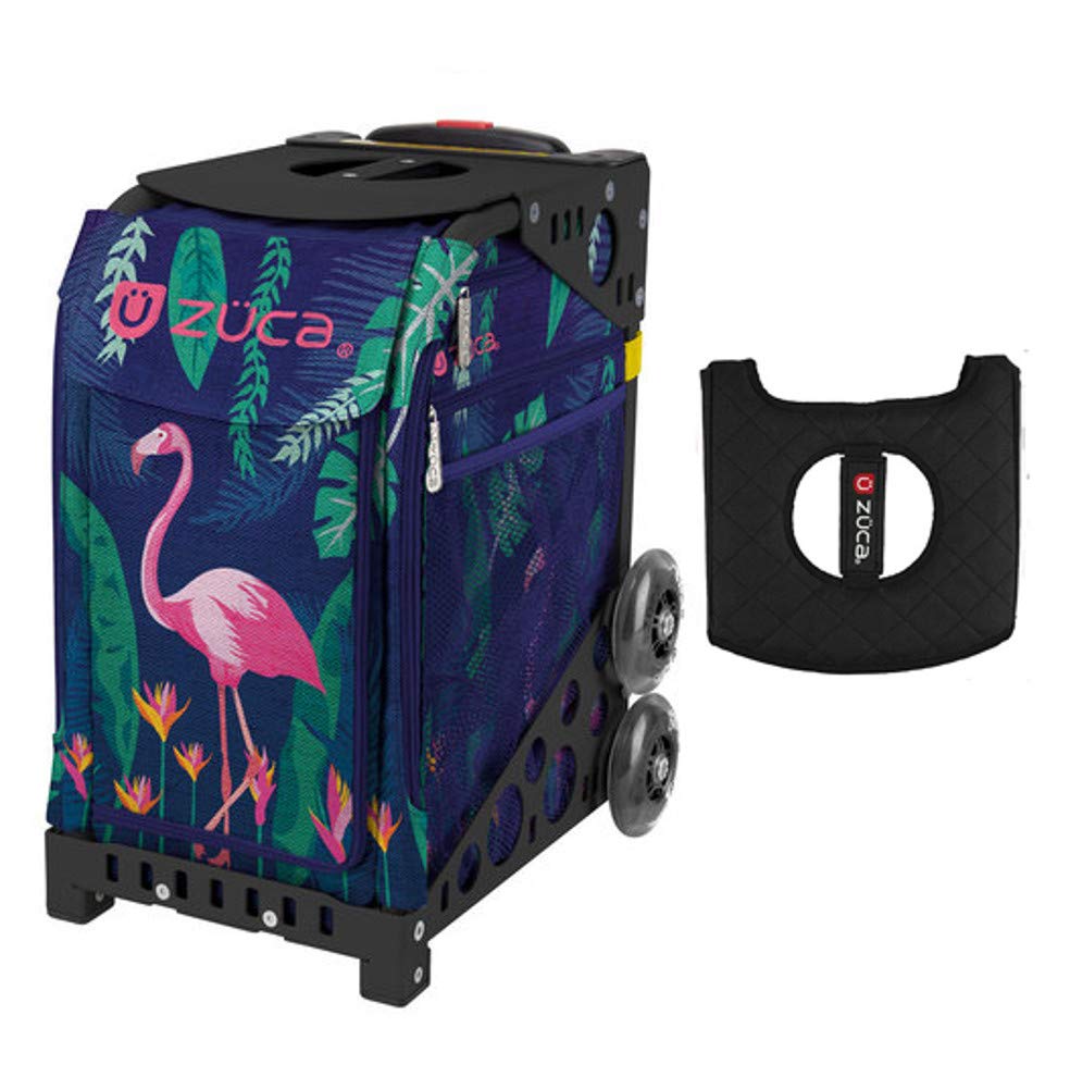 Zuca Sport Bag - Flamingo Print with Black/Pink Seat Cover & Non-Flashing Wheels | Durable Gymnastics & Cheerleading Equipment for Athletes | Perfect for Competitions, Practice & Travel