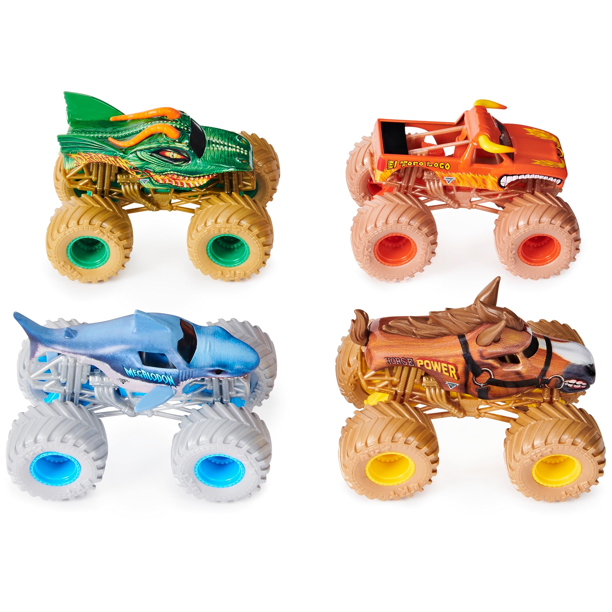 Monster Jam Power Beasts 4-Pack 1:64 Scale Die-Cast Monster Trucks (El Toro Loco, Megalodon, Dragon & Horse Power) - Durable Toy Cars for Boys & Girls Ages 3+ - Perfect for Playtime, Collecting & Racing Battles