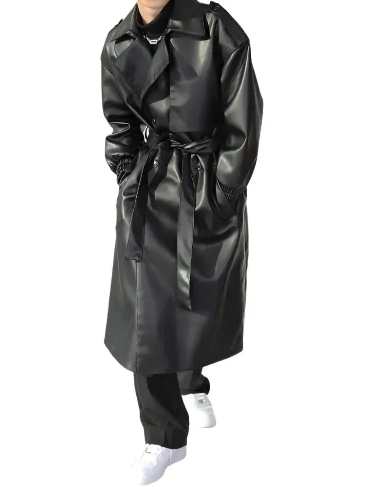 Men's Casual Belted Leather Overcoat - Stylish Winter Trench Coat for Business & Outdoor Wear