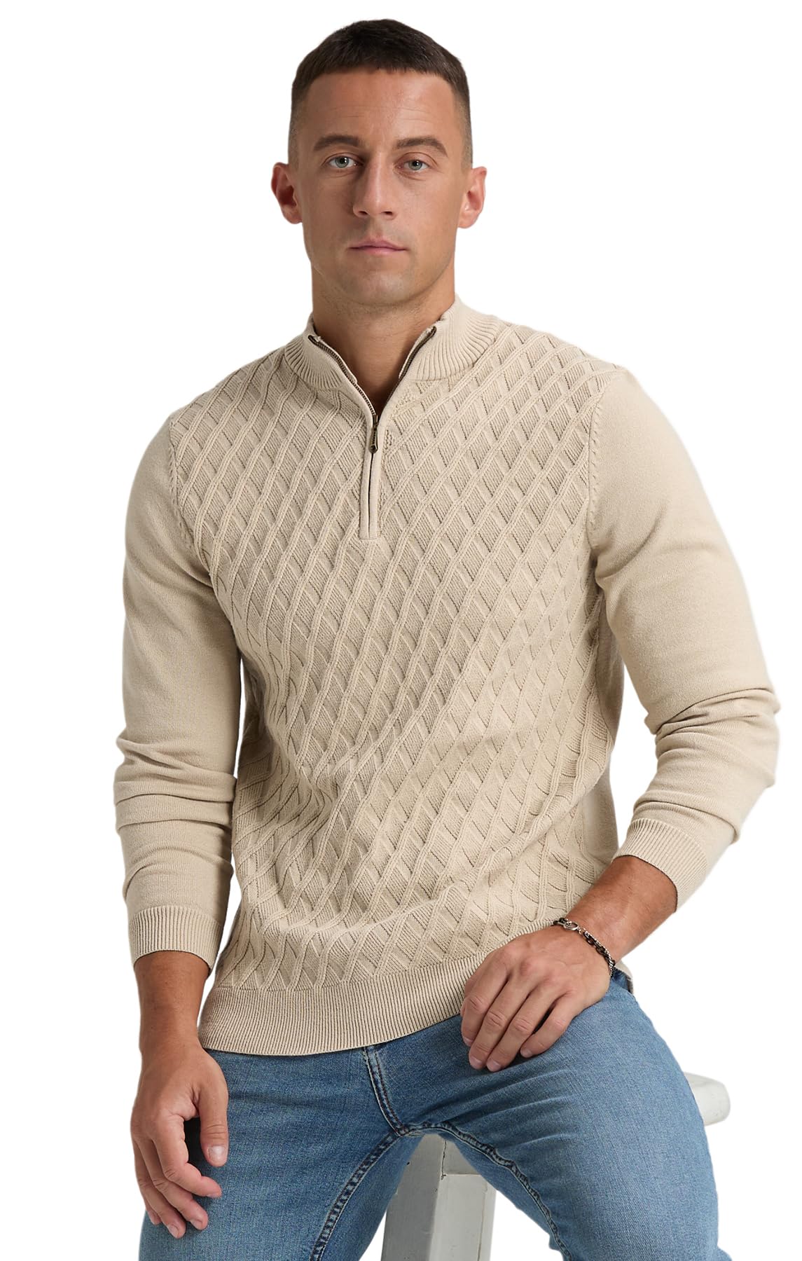 Men's Quarter Zip Sweater - Textured Knit Mock Neck Pullover with Ribbed Edges | Casual Comfort for Work, Travel & Outdoor Activities