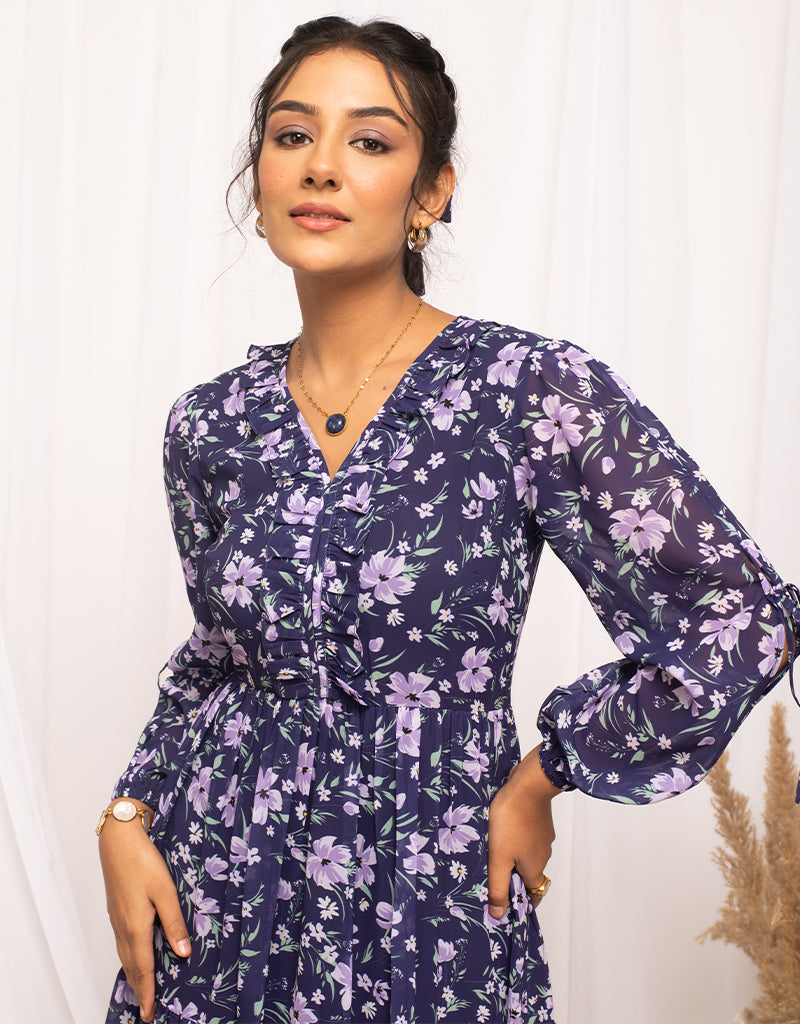 Elegant Blue Georgette Designer Party Dress - Ready to Wear One-Piece with Printed Details | Perfect for Evening Events, Weddings & Special Occasions