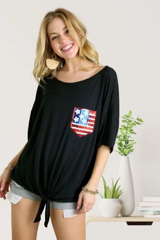 ADORA Sequin US Flag Pocketed Top for Women - Patriotic Fashion Blouse with Pockets - Perfect for 4th of July, Memorial Day & Independence Day Celebrations
