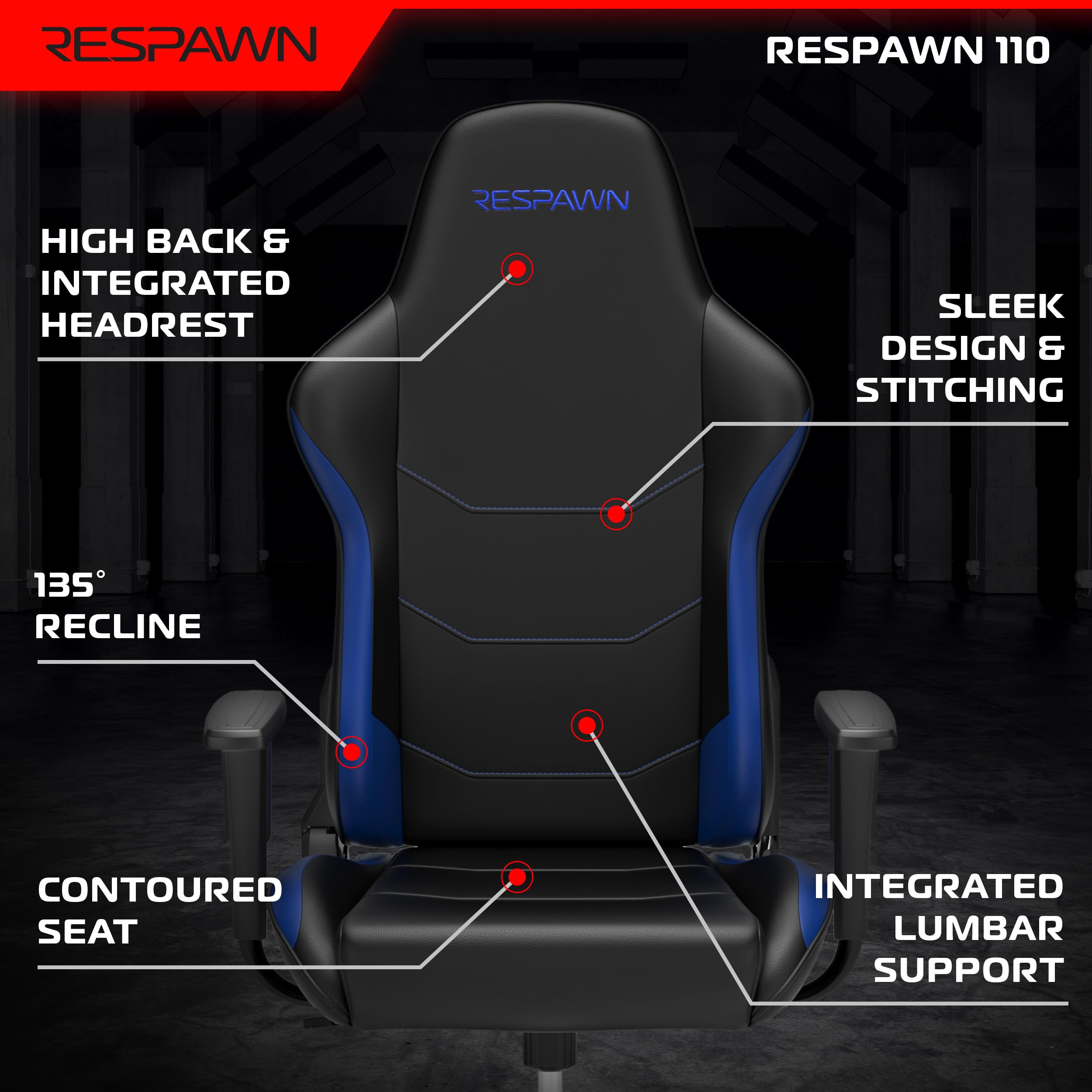 RESPAWN 110 Ergonomic Gaming Chair - Blue PC Computer Chair with Adjustable Headrest & 135° Recline for Adults | Comfortable Office & Video Game Chair for Long Gaming Sessions & Work from Home