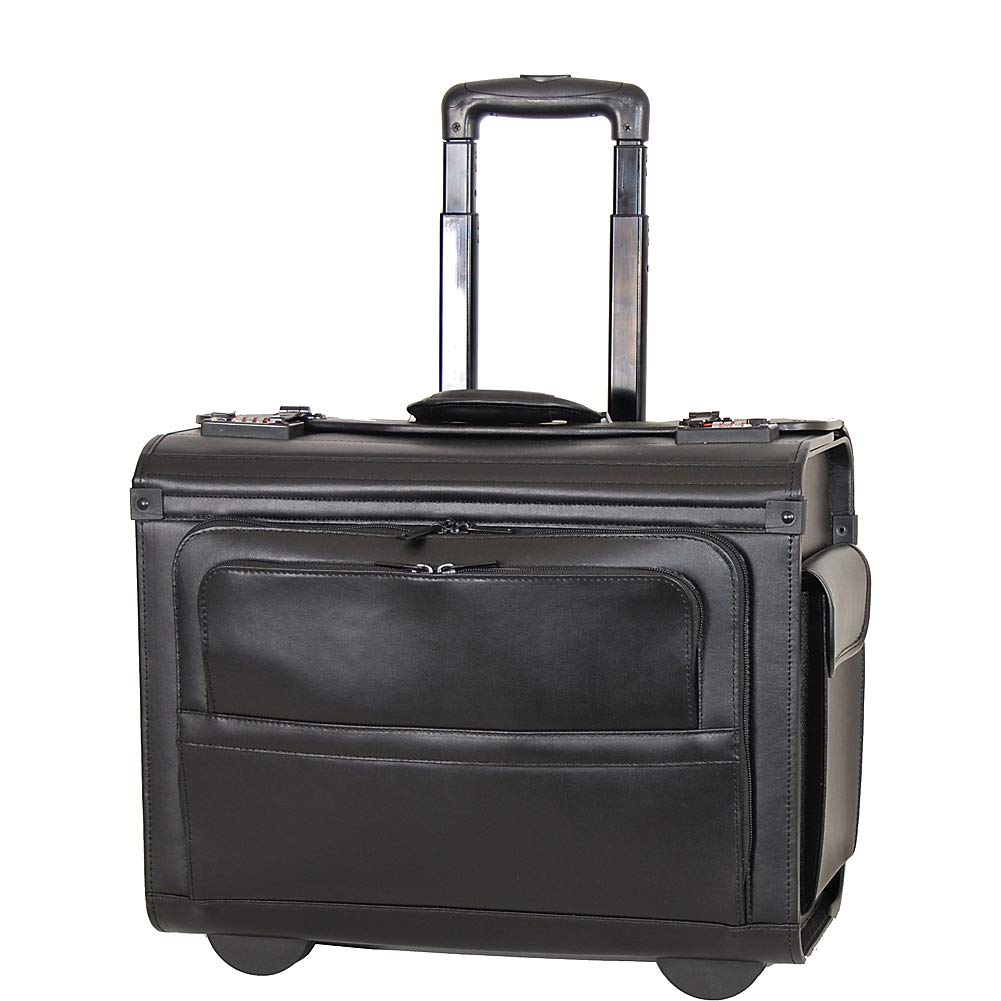 Premium Black Leather Rolling Computer & Catalog Case - Durable Laptop Briefcase with Wheels for Business Travel, Office & Commuting