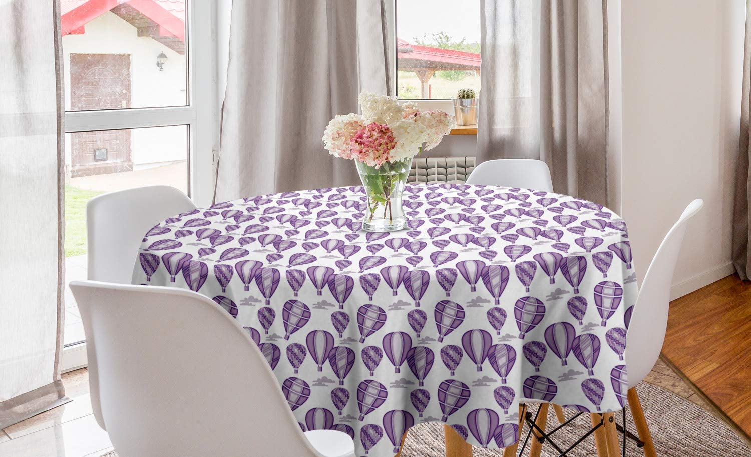 Ambesonne Purple Hot Air Balloon Round Tablecloth - 60 Inch Circle Table Cover with Sky Transportation Vehicles Pattern for Dining Room & Kitchen Decor - Perfect for Parties, Holidays & Home Decoration in Mauve Quartz & Lilac