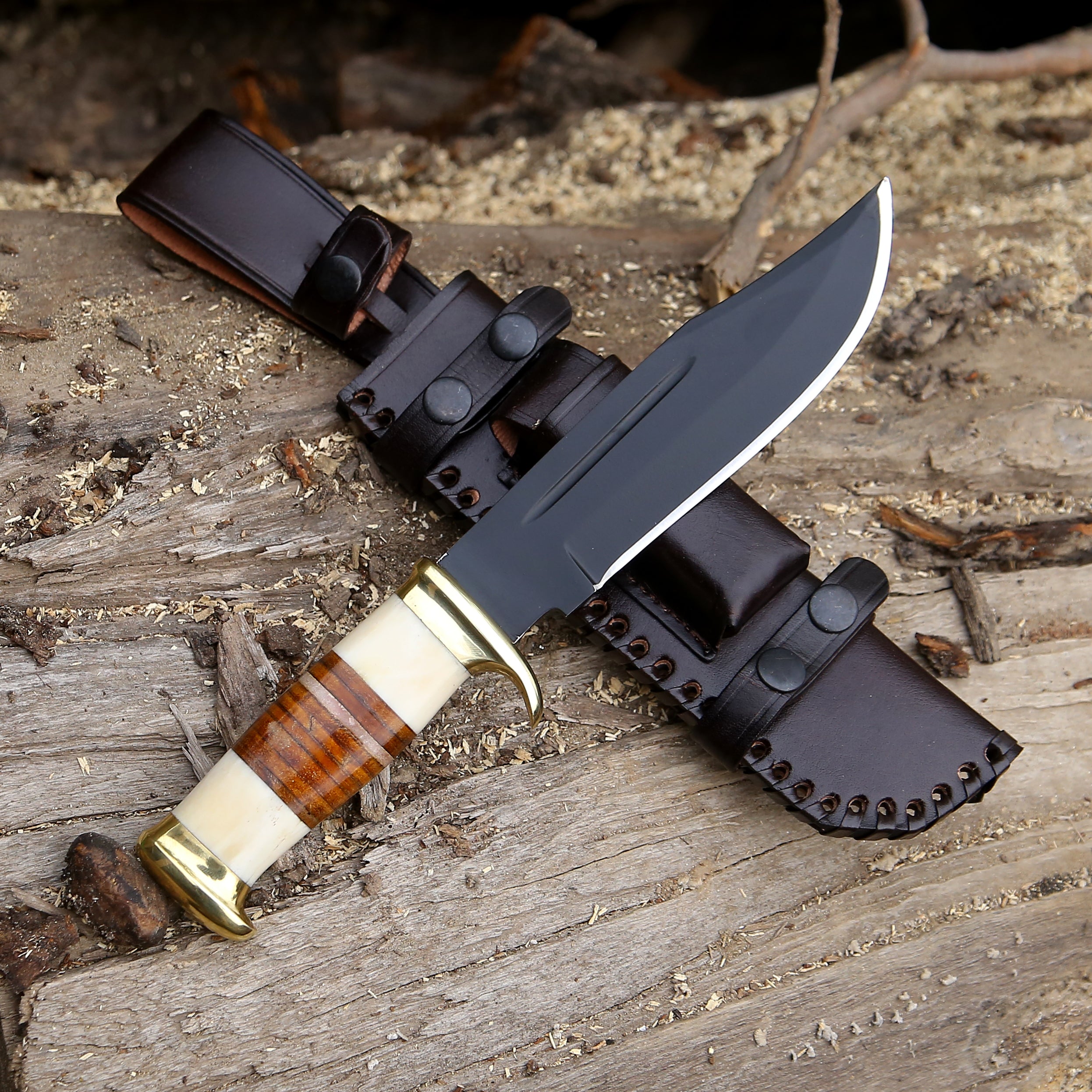 Premium Vindicator Custom Bowie Knife - Genuine Bone & Stacked Leather Handle - Hunting, Camping, Survival & Outdoor Activities