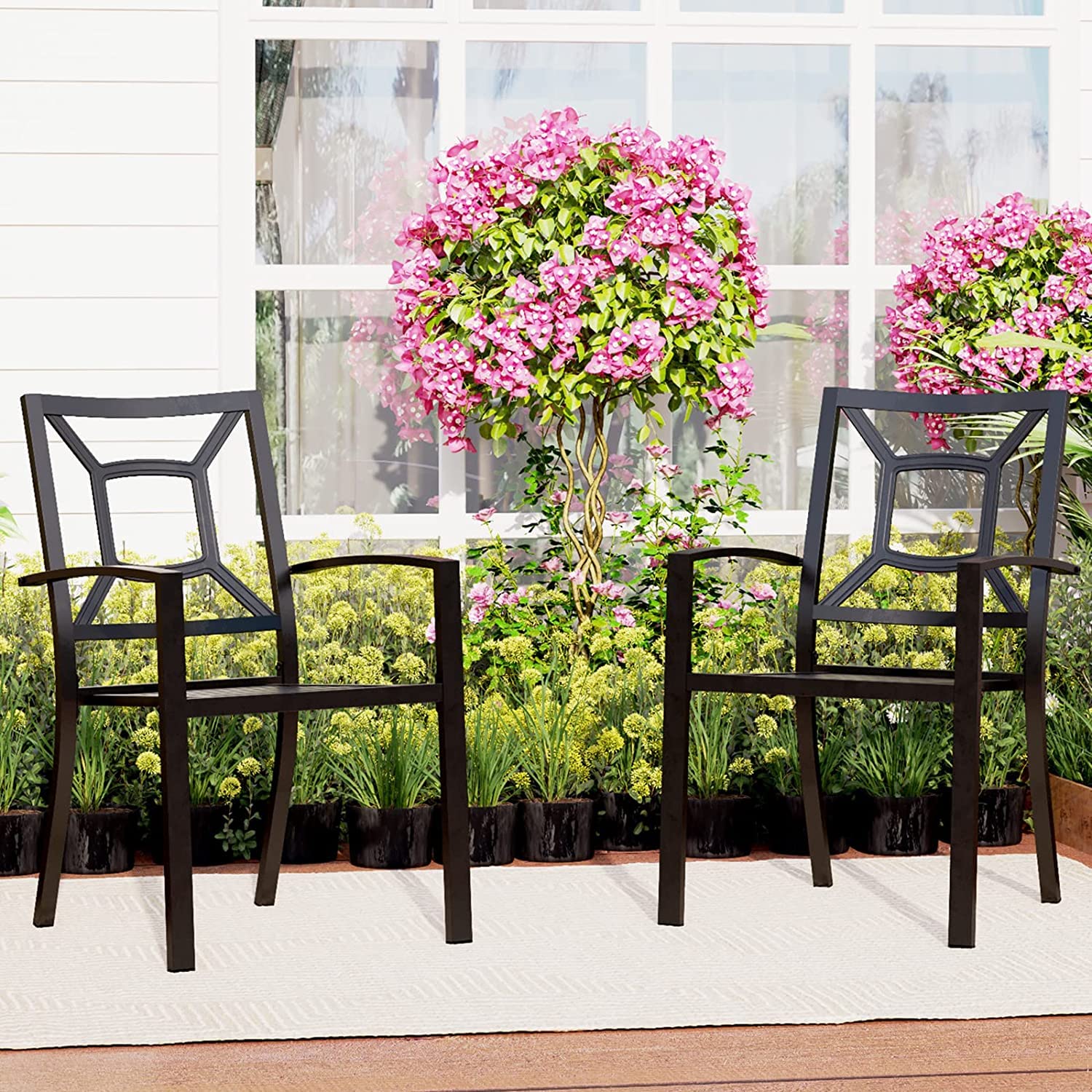 MFSTUDIO 6-Piece Patio Dining Chairs Set - Outdoor Wrought Iron Stackable Armchairs with Armrests, Black - Perfect for Backyard, Garden, Poolside & Restaurant Outdoor Seating