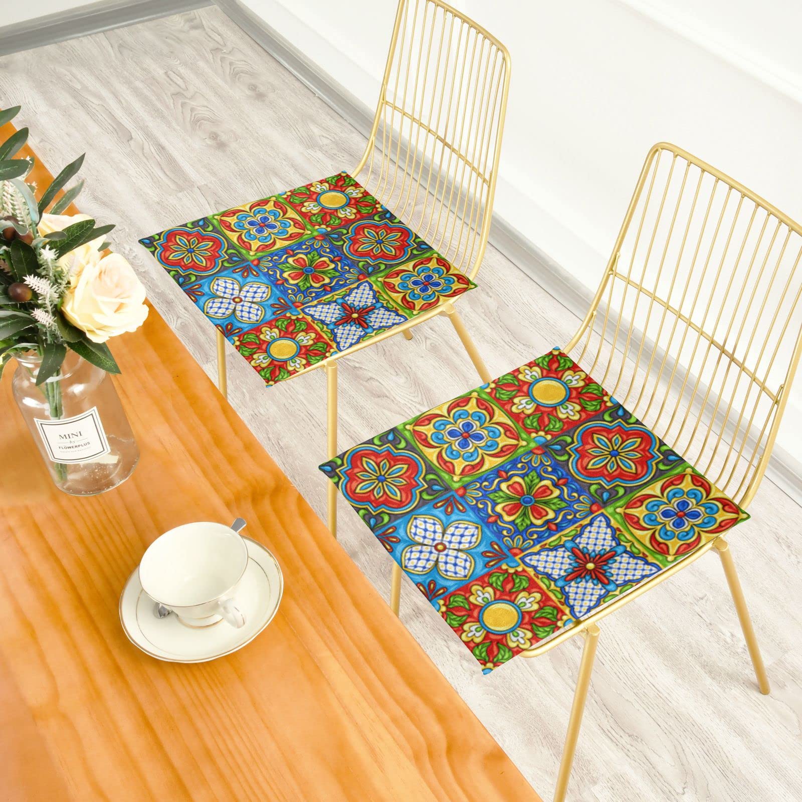 Emelivor Mexican Talavera Pattern Memory Foam Chair Cushion - Washable Seat Pad for Dining, Kitchen & Office Chairs - Comfortable Support for Home & Work