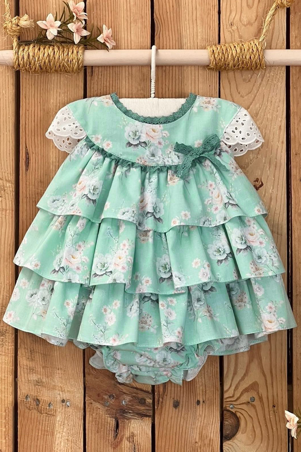 Cordelia Mint Floral Layered Dress with Bloomers - Vintage-Inspired Baby Girl Outfit for Photoshoots, Special Occasions & Everyday Wear