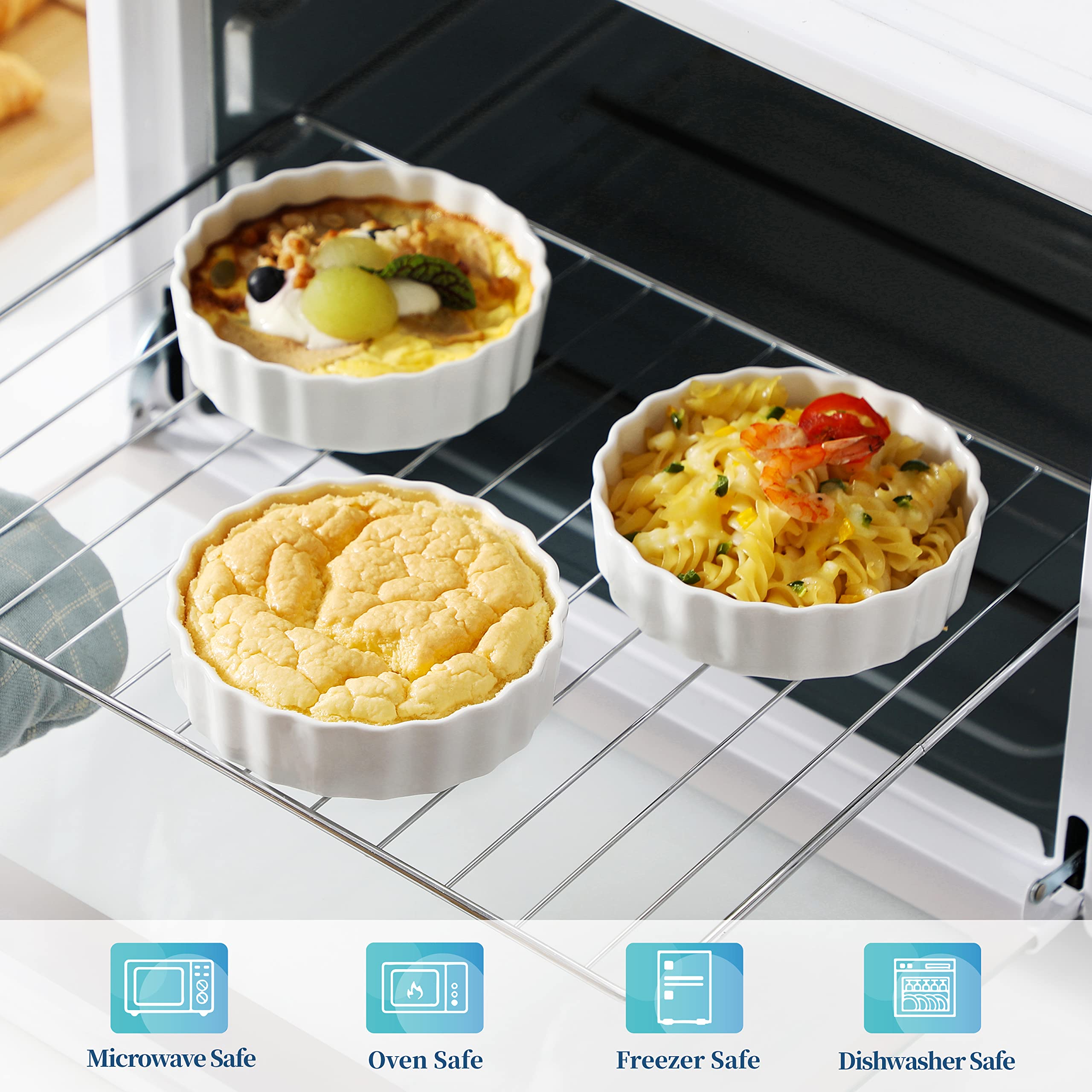 LOVECASA 8 Oz Porcelain Ramekins Set of 6 - Oven Safe Baking Dishes for Creme Brulee, Soufflés, Custards & Quiche | Chip-Resistant, Stackable White Ceramic Bowls | Perfect for Desserts, Appetizers & Meal Prep