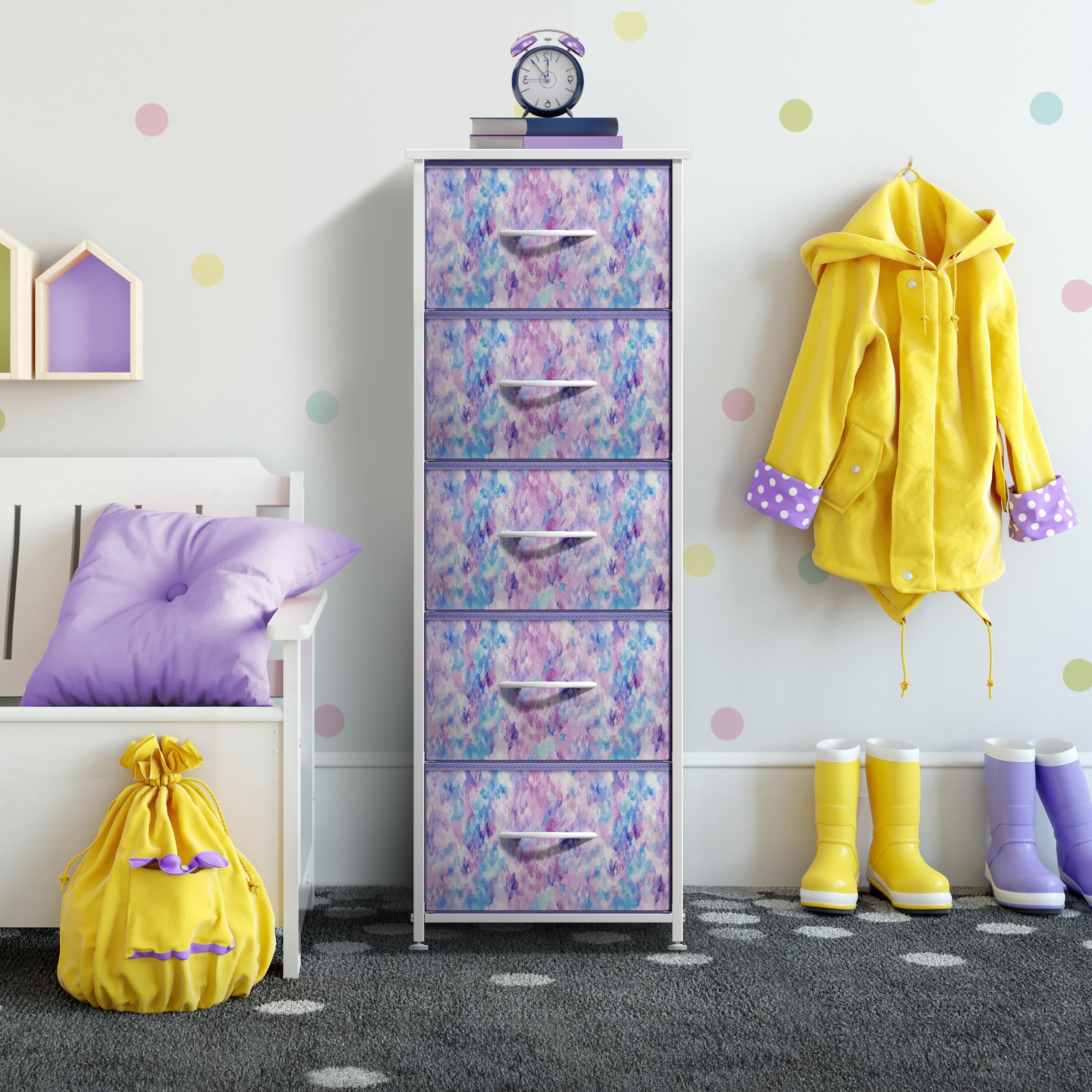 Sorbus Kids Dresser with 5 Fabric Drawers - Tall Storage Tower & Clothing Organizer for Bedroom, Nursery, Playroom - Steel Frame with Wood Handles (Tie-Dye Purple) | Perfect for Organizing Toys, Clothes & Accessories in Children's Rooms