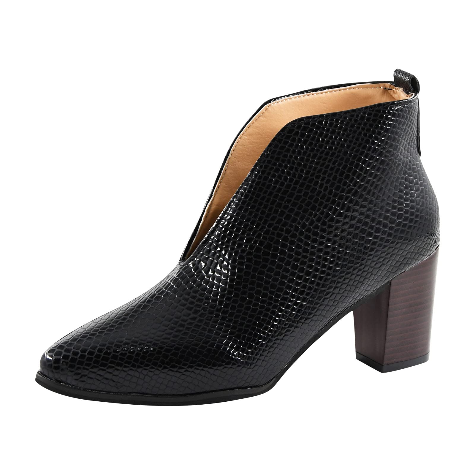 Women's Lace-Up Mid Heel Ankle Boots - V-Cut Back with Zipper - Faux Leather Booties for Work, Party & Casual Wear | Comfortable & Stylish Footwear