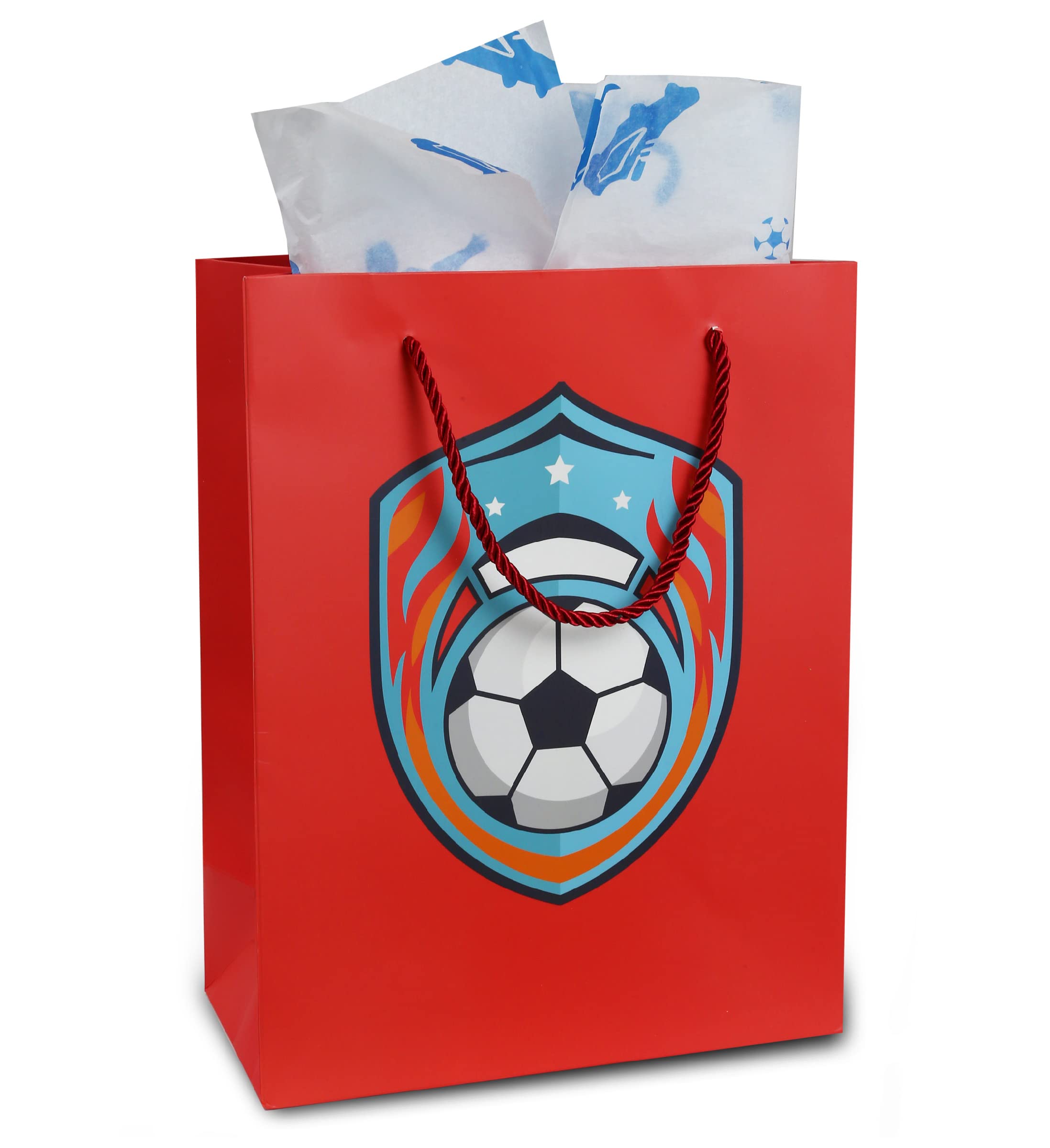 DolliBu Premium Reusable Soccer Gift Bags with Tissue Paper - 12 Pack Large Red Sports Gift Bags with Handles for Birthday Party Favors, Team Gifts & Soccer Events (13 Inch) - Perfect for Kids, Players & Coaches