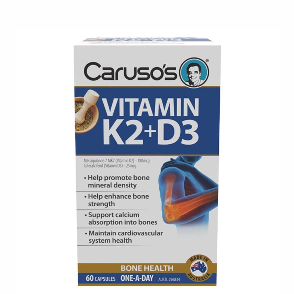 Carusos Vitamin K2 + D3 Supplement - One Daily Capsule for Bone & Heart Health - Supports Calcium Absorption & Immune System - Ideal for Adults & Seniors