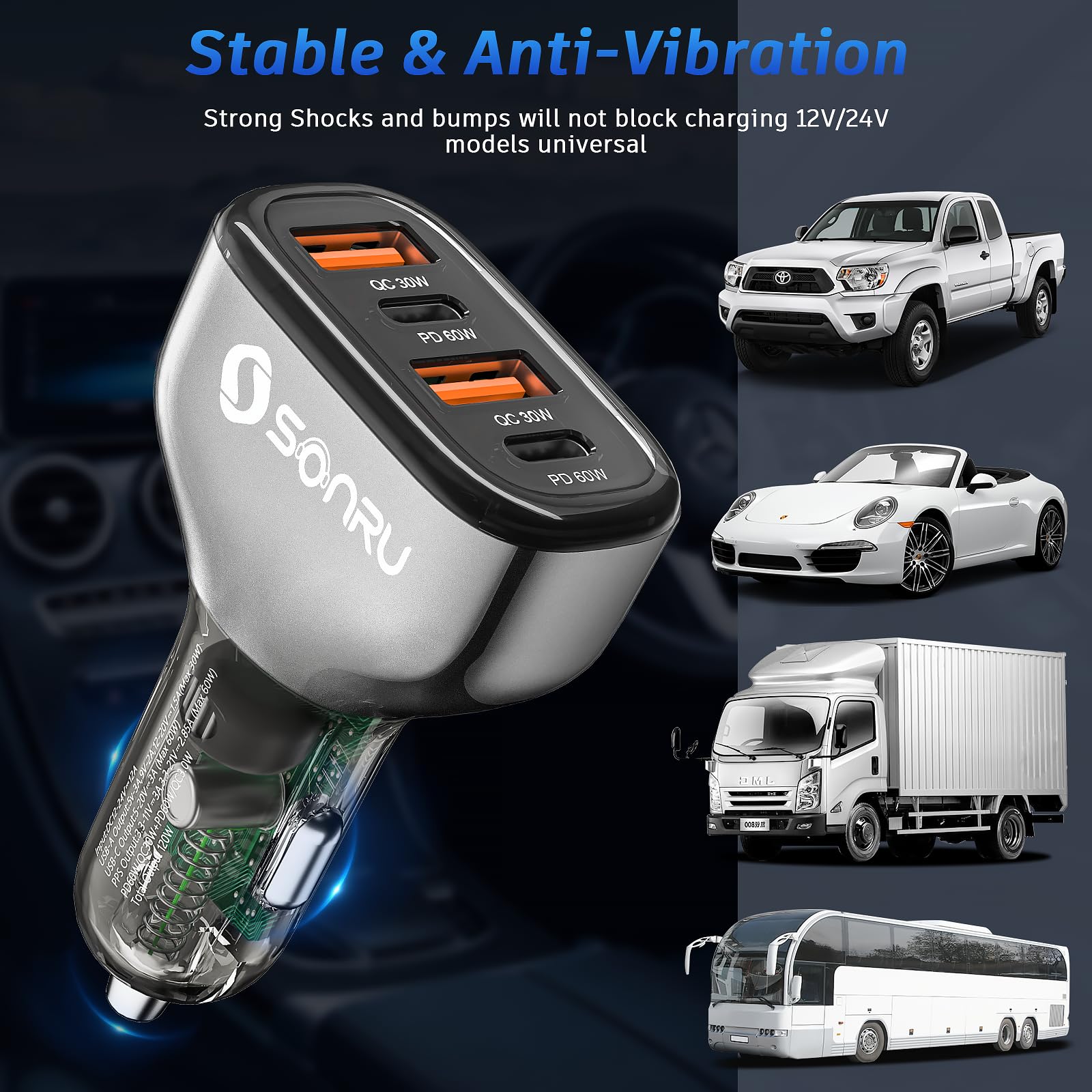 120W USB C Car Charger Fast Charging - SONRU 4 Port Cigarette Lighter Adapter with [2 PD 60W + 2 QC3.0 30W] for iPhone 16 Pro Max, Galaxy S23/S22, Google Pixel, LG, iPad Air - Perfect for Road Trips & Long Drives