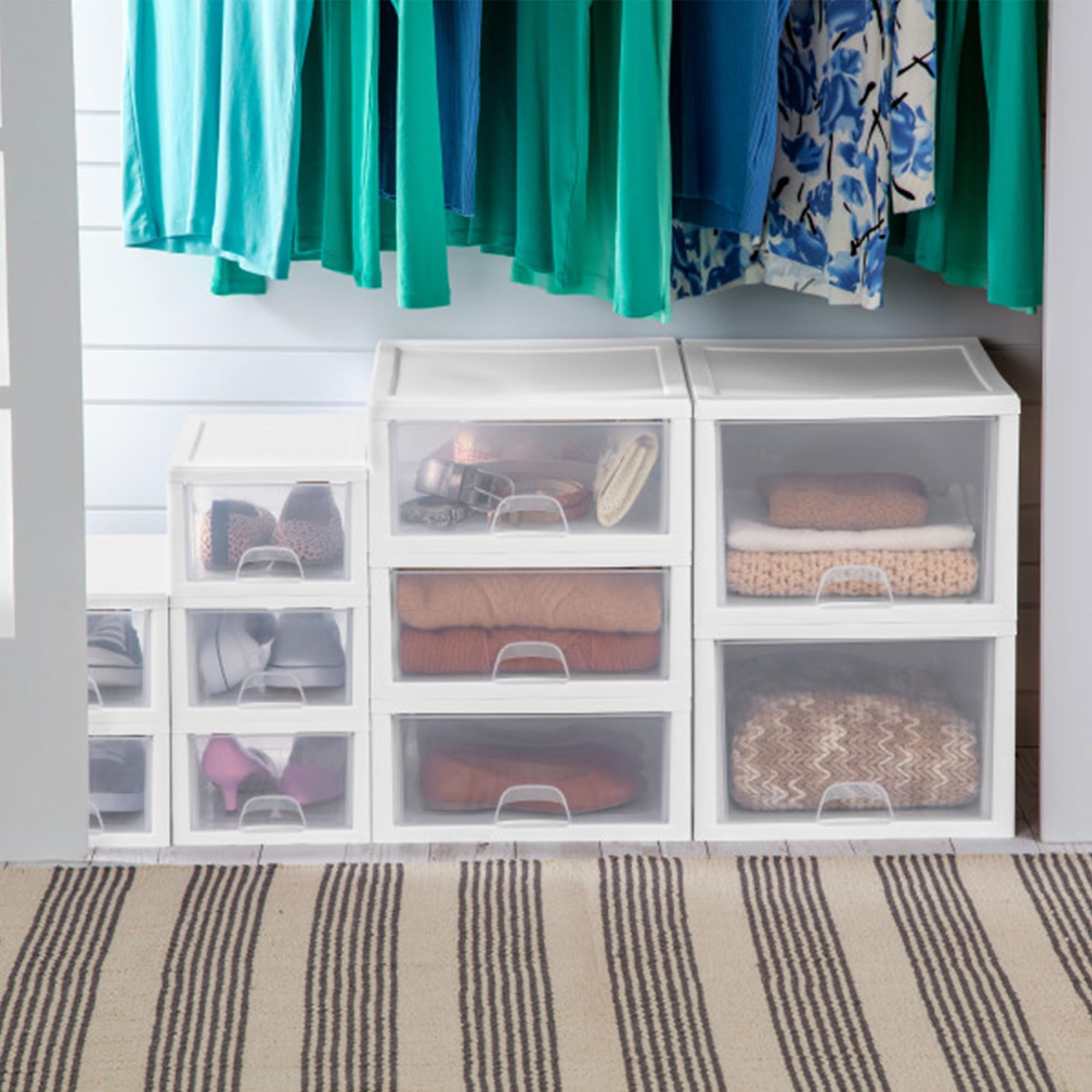 Sterilite 12-Pack Clear Stackable Plastic Drawers with White Frame - 27 Quart Storage Bins for Closet Organization | Perfect for Bedroom, Office & Kids Room Storage Solutions