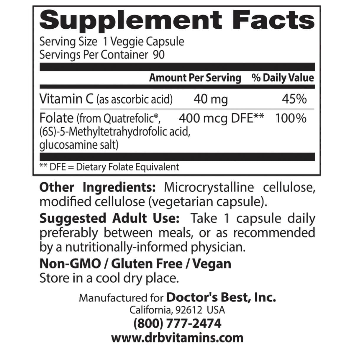 Doctor's Best Fully Active Folate 400 with Quatrefolic 400 mcg - 90 Veggie Capsules for Optimal Cellular Health & Pregnancy Support | Bioavailable B9 Vitamin Supplement for Women & Men