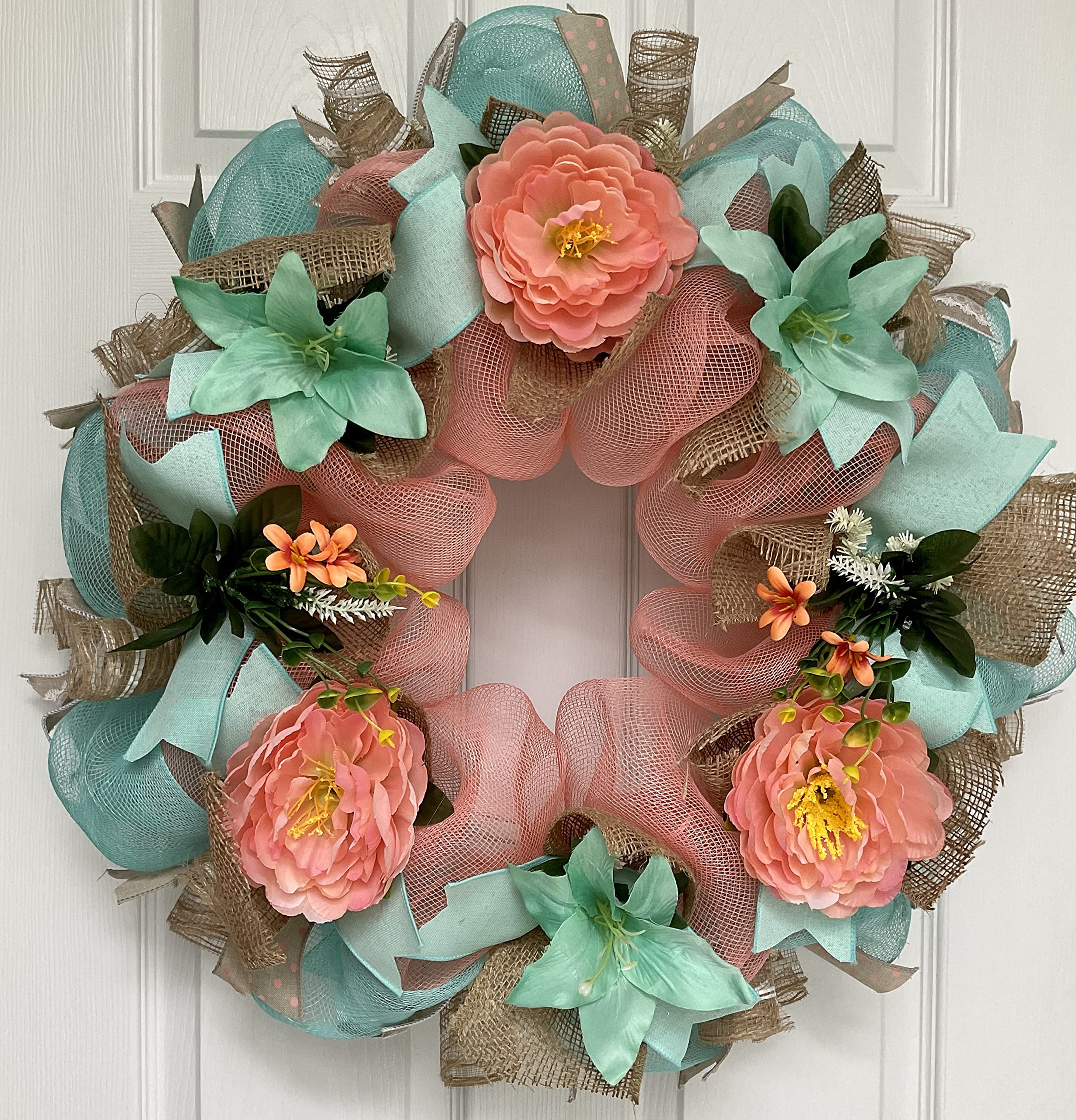 Handmade Melon & Mint Spring Floral Deco Mesh Wreath - Perfect for Front Door Decor, Easter Home Decorations, and Seasonal Wall Hangings