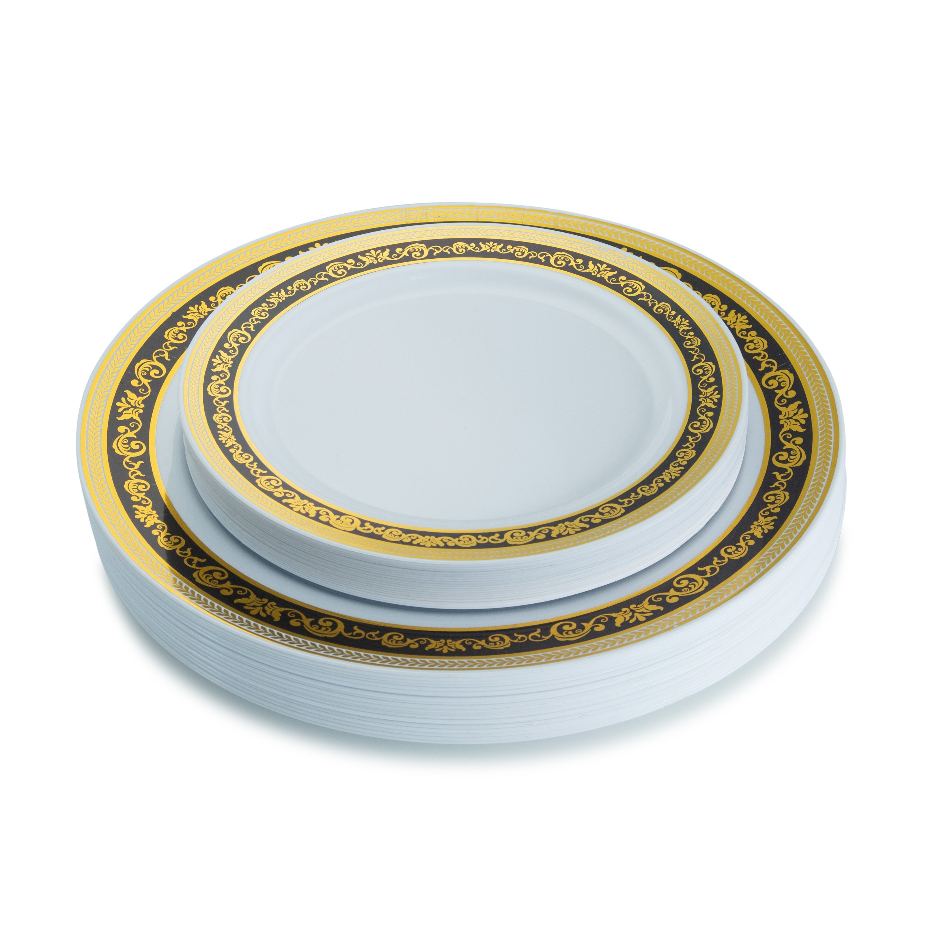40-Piece Black and Gold Round Plastic Dinnerware Set - Elegant Disposable Plates, Cups & Cutlery for 20 Guests - Perfect for Weddings, Parties, and Special Events