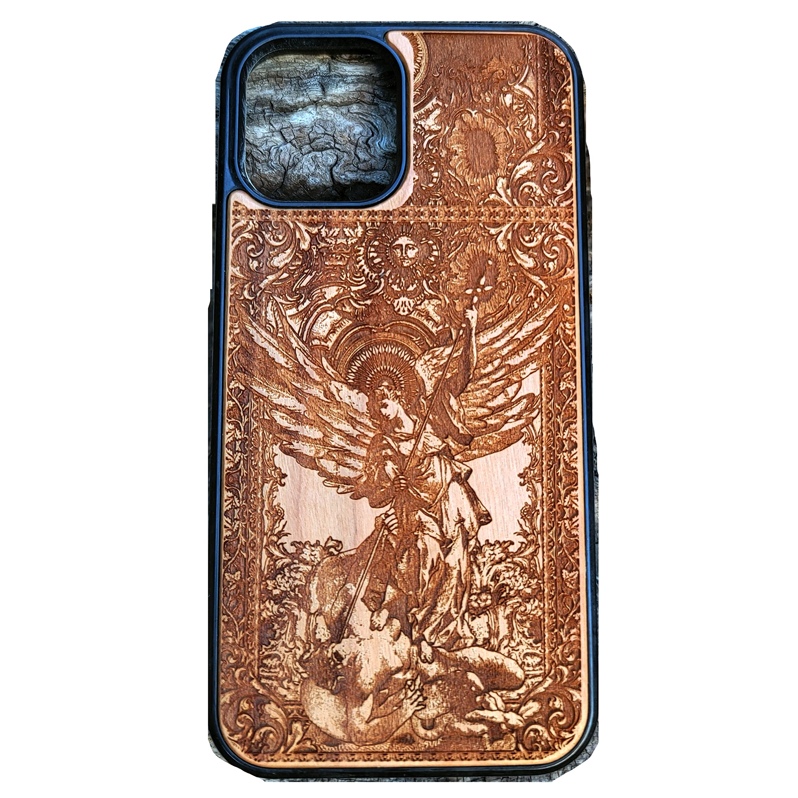 Saint Michael the Archangel Laser Engraved Wooden Phone Case for iPhone 16/15/14/13/12/11 Pro Max Mini & Galaxy S25/S24/S23/S22/S21/S20 Ultra Plus - Eco-Friendly Slim Durable Wood Cover - Perfect Gift for Religious Protection & Daily Use