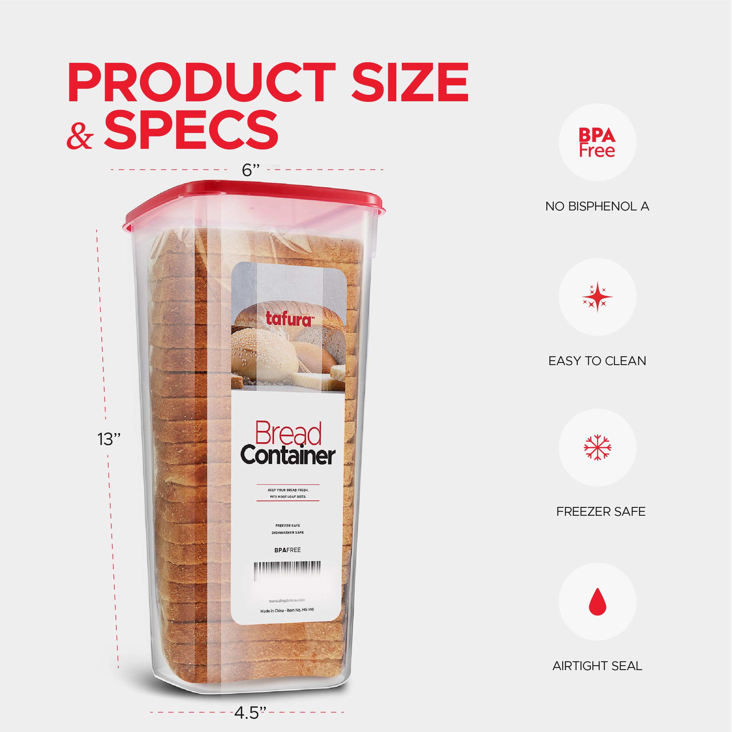 Tafura BPA-Free Plastic Bread Storage Container with Airtight Red Lid - Perfect for Homemade Loaves, Baked Goods, and Fresh Bread - Ideal for Kitchen Countertop, Pantry Organization, and Keeping Bread Fresh Longer