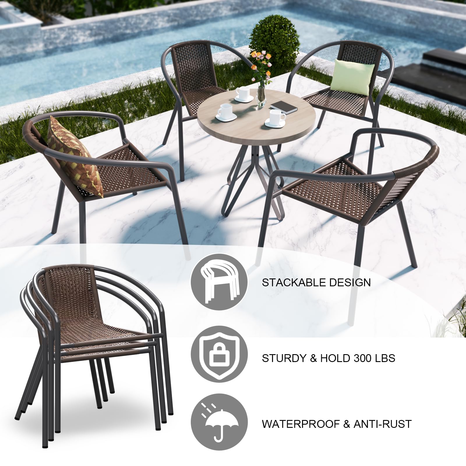 4 Pack Stackable Wicker Rattan Patio Chairs - Outdoor Dining Chairs Set with Metal Frame for Balcony, Deck, Bistro, Backyard & Porch | Perfect for Garden Parties, Poolside Lounging & Outdoor Entertaining (Brown)