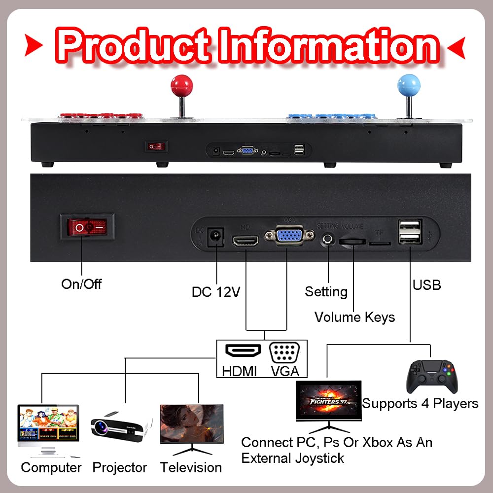 Arcade Games Console 26800-in-1 Retro Gaming System with 1280x720 HD, 3D Games, Search/Save/Hide/Suspend Features, 4-Player Multiplayer - Compatible with PC, Projector & TV (Thunder Edition) - Perfect for Home Entertainment, Parties & Retro Gaming Enthusiasts