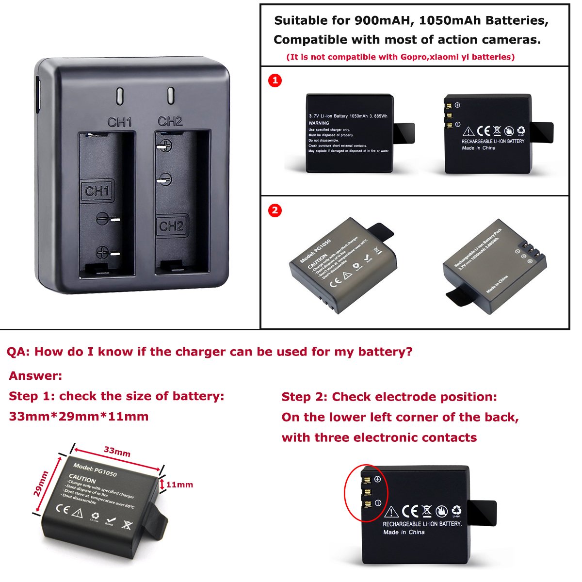 Dual Battery Charger for AKASO Exprotrek WOLFANG Apexcam Surfola Action Cameras - Compatible with Sport Cam Batteries - Perfect for Outdoor Adventures & Travel Photography