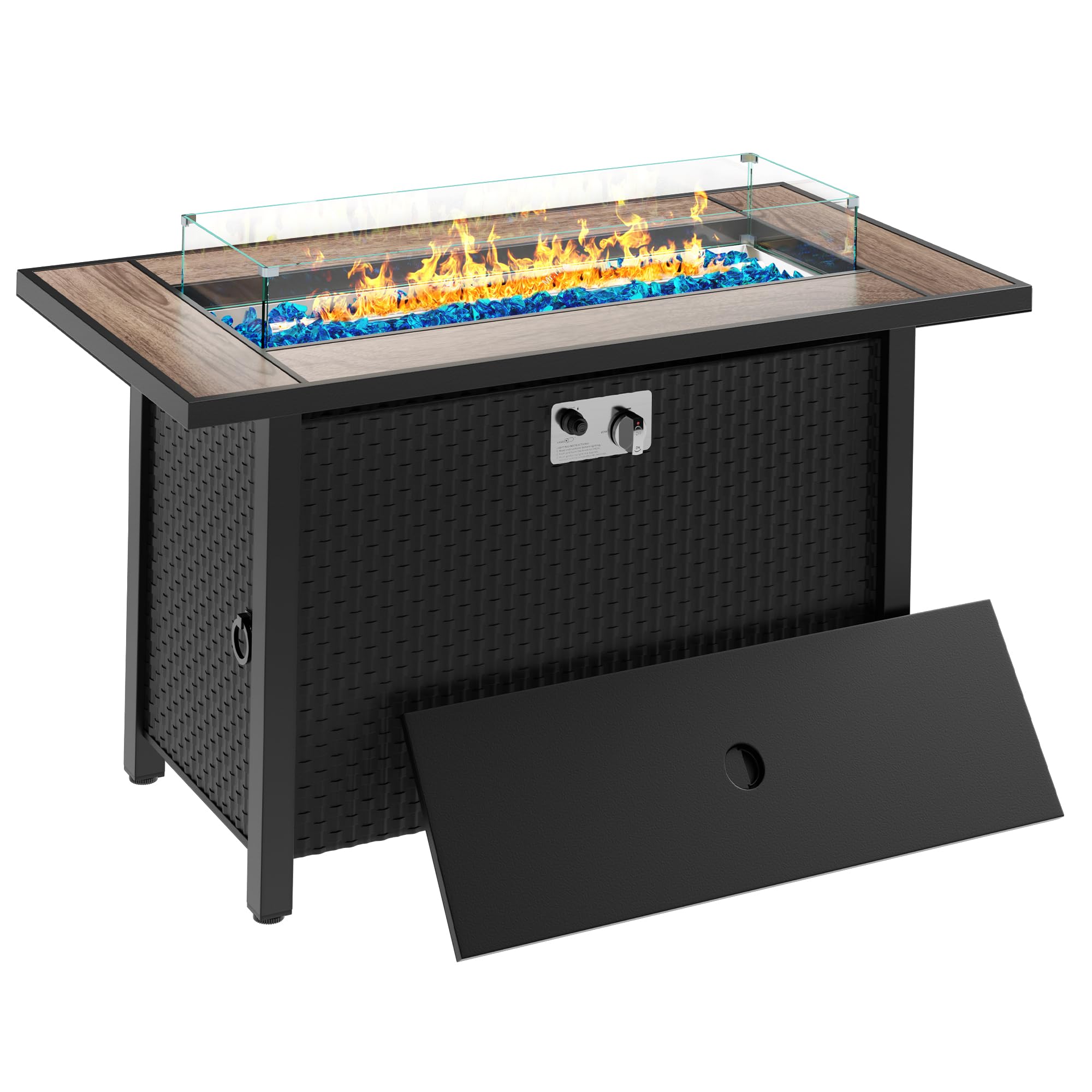 Meilocar 45-inch Outdoor Propane Fire Pit Table with Glass Wind Guard & Rain Cover - 50,000 BTU 3-in-1 Fire Table for Patio, Yard, or Balcony - Walnut Tabletop - Perfect for Backyard Gatherings, Camping, and Outdoor Relaxation