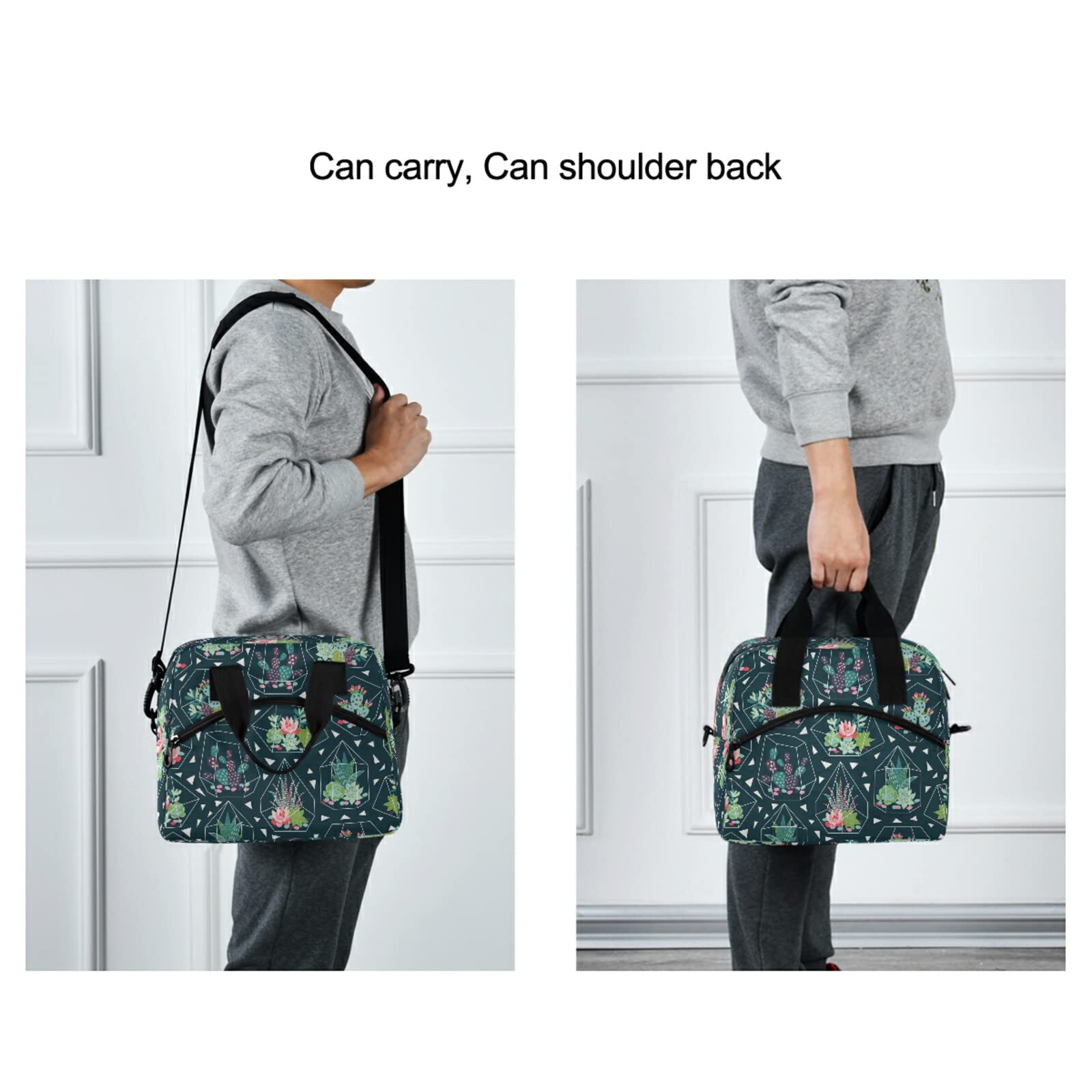 Reusable Insulated Lunch Bag with Adjustable Shoulder Strap - Thermal Cooler Tote for Office, School & Outdoor Picnics | Cactus Succulent Design | Perfect for Work, Hiking & Beach Trips