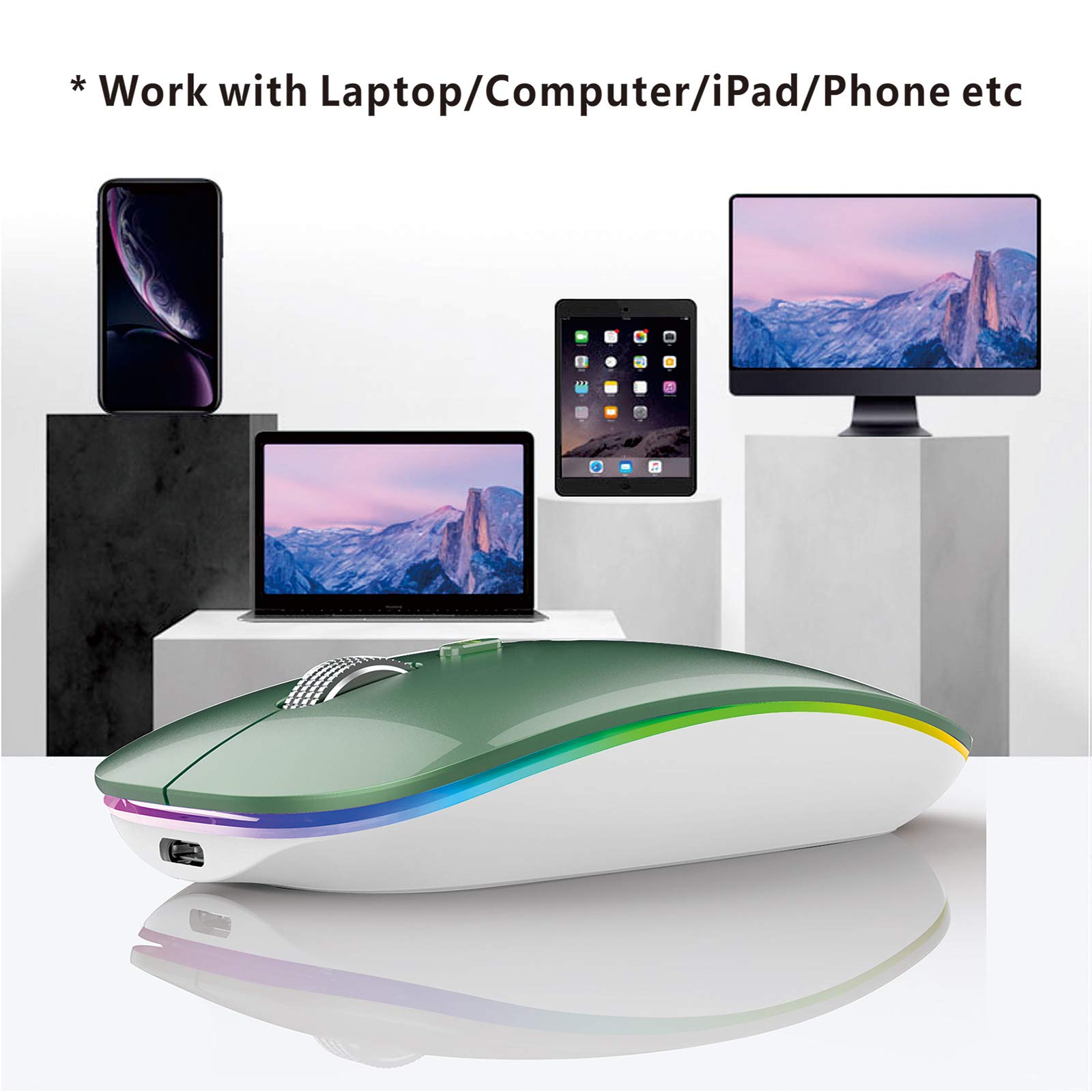 TENMOS Wireless Bluetooth Mouse - Slim Rechargeable Silent Mouse with LED, Bluetooth 5.1 & 2.4GHz USB for Laptop, MacBook, iPad (OS 13+) - Blackish Green - Perfect for Office, Home & Travel Use