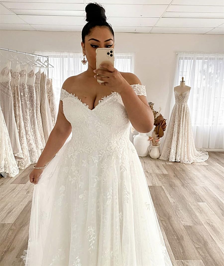 Elegant Off Shoulder Lace Wedding Dress with Train - Princess Tulle Ball Gown for Bride | Perfect for Church Ceremony, Beach Wedding & Romantic Photoshoots