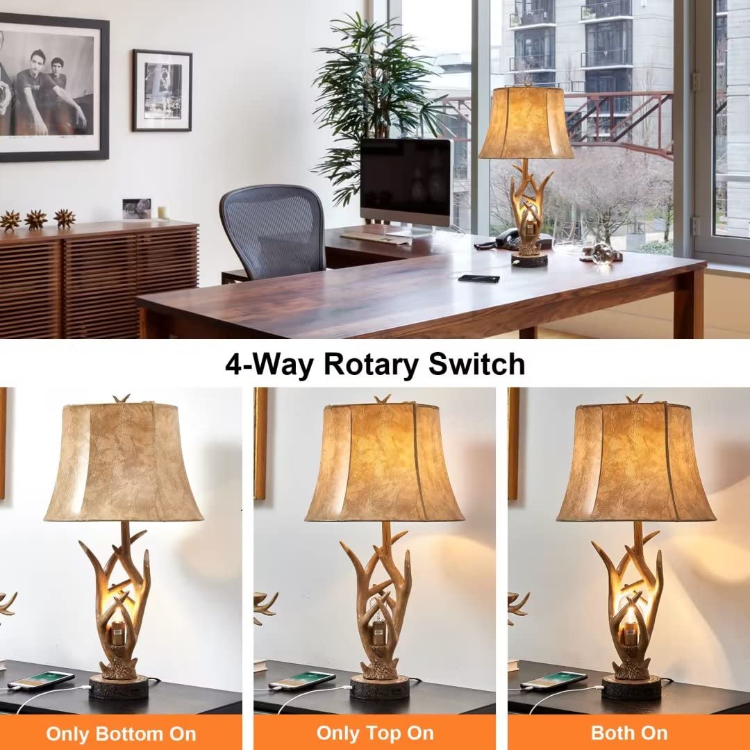Rustic Western Deer Table Lamps with Nightlight - Set of 2, 26