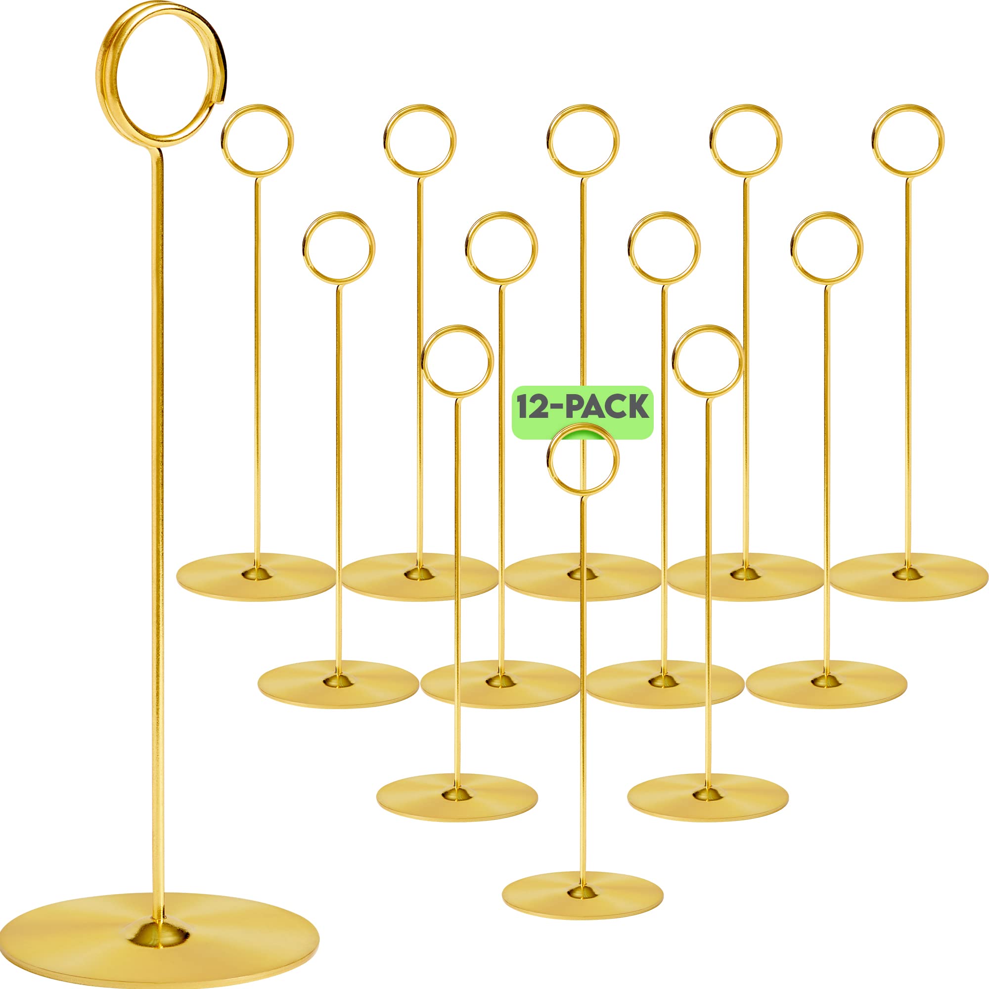 Gold Table Card Holders 12 Pack - 8 Inch Tall Harp-Clip Menu Holders for Restaurants, Weddings, Banquets - Perfect for Place Cards, Reserved Signs, Recipes & Table Numbers