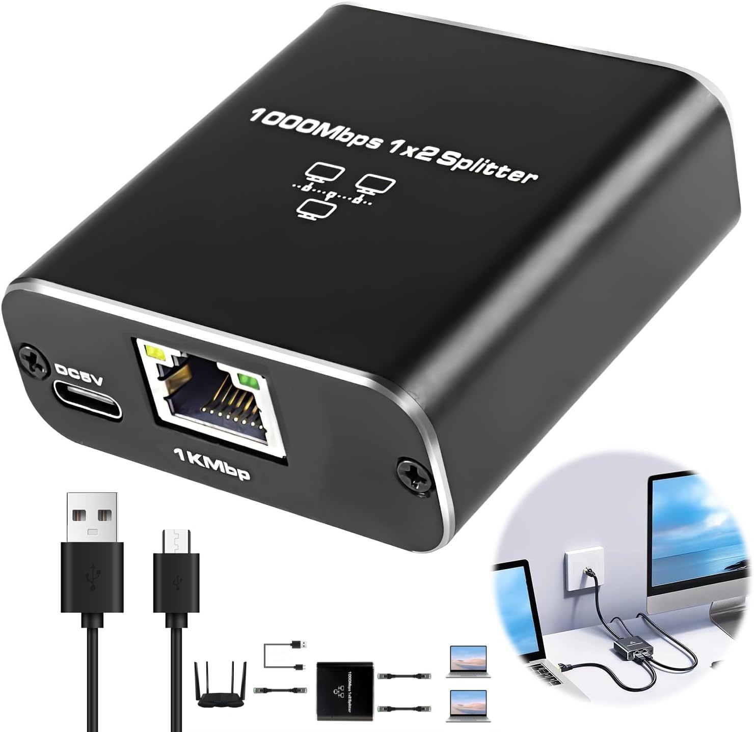 1 to 2 Port Gigabit Ethernet Splitter 1000Mbps Network Switch with Type-C Power Cable - High Speed LAN Hub for Computer, Router, ADSL, Set-Top Box & Digital TV - Perfect for Home Office & Gaming Setup