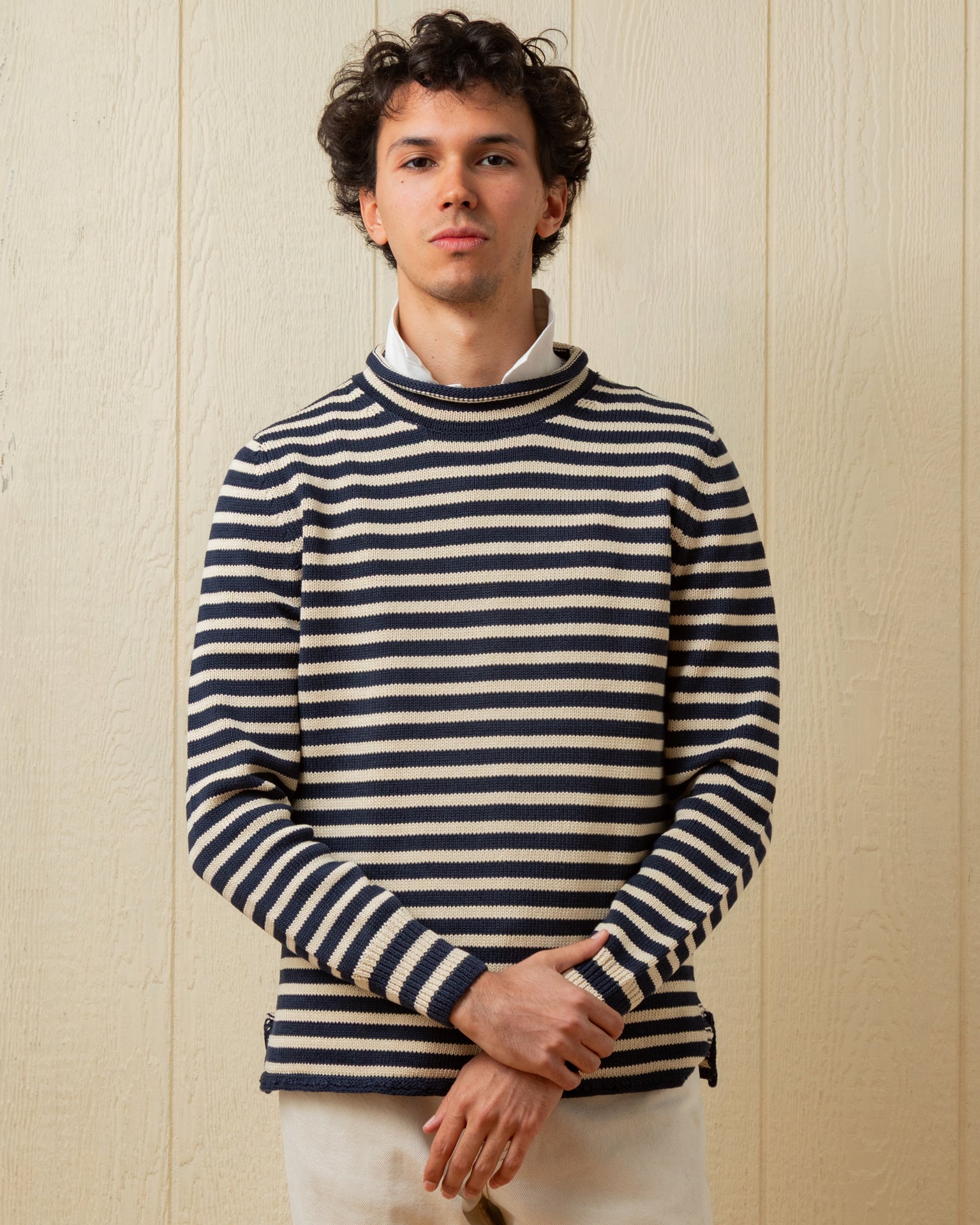 Premium Cotton Linen Blend Fisherman's Sweater - Navy & Sand Striped Pullover for Men & Women | Cozy Casual Wear for Fall, Winter & Outdoor Activities