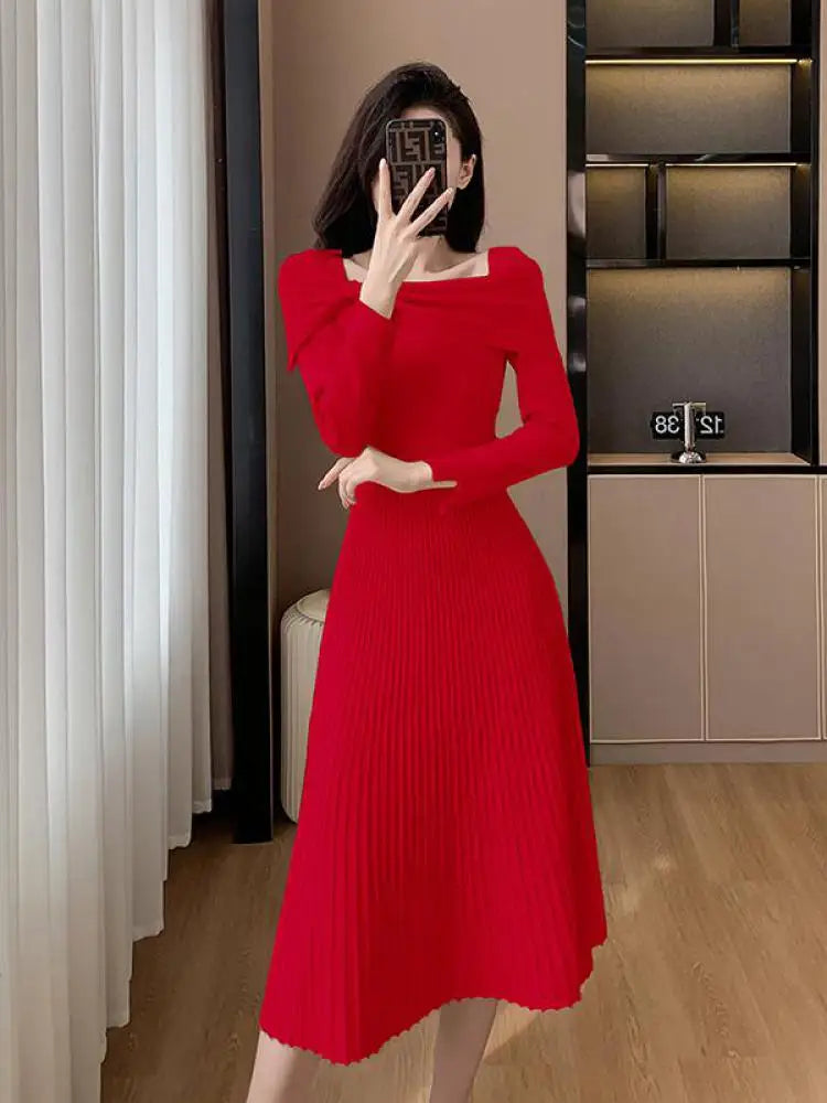 Elegant Black Long Sleeve Knit Dress for Women - Autumn Beige Bow French Fashion Slim Casual Midi Dress - Perfect for Party, Office Wear and Fall Outfits