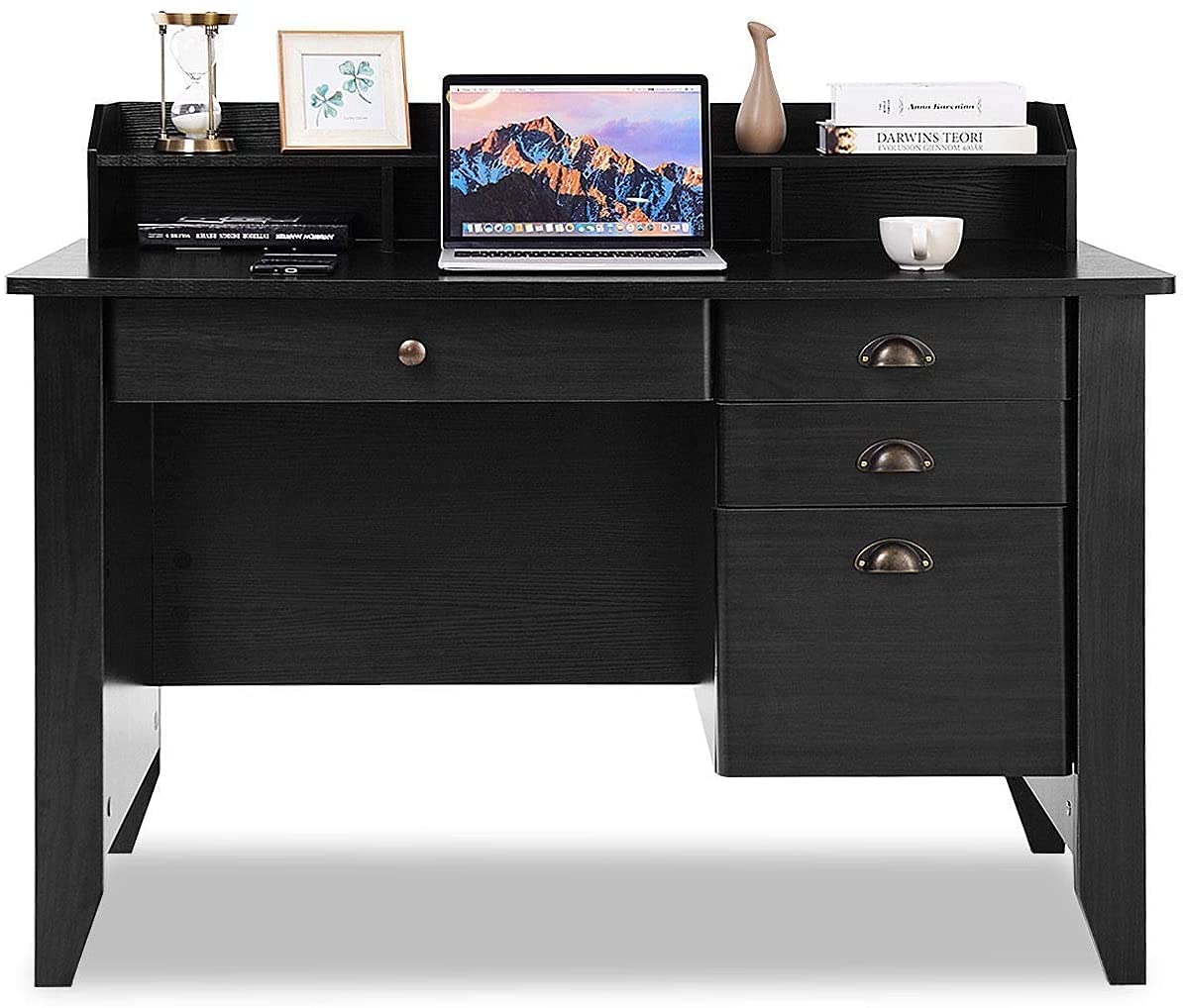 GRAFFY Vintage Black Wooden Computer Desk with 4 Storage Drawers & Bookshelf - Executive Study Desk for Home Office, Writing & Working - Perfect for Small Spaces, Remote Work & Modern Home Decor