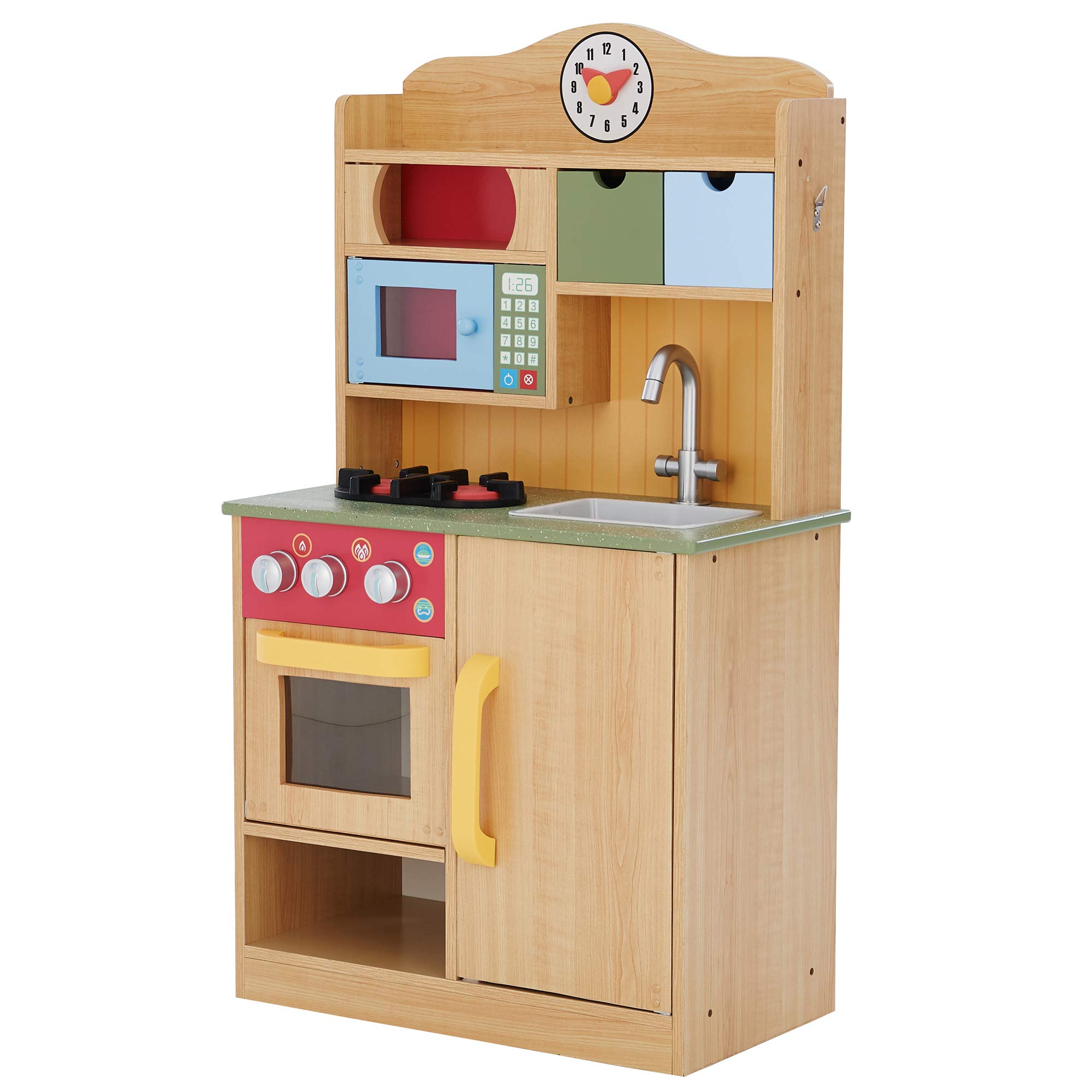 Teamson Kids Little Chef Florence Classic Wooden Play Kitchen Set for Toddlers - Pretend Cooking Toy with 2 Drawers, Clock & Accessories - Perfect for Imaginative Play, Birthday Gifts & Preschool Learning Activities
