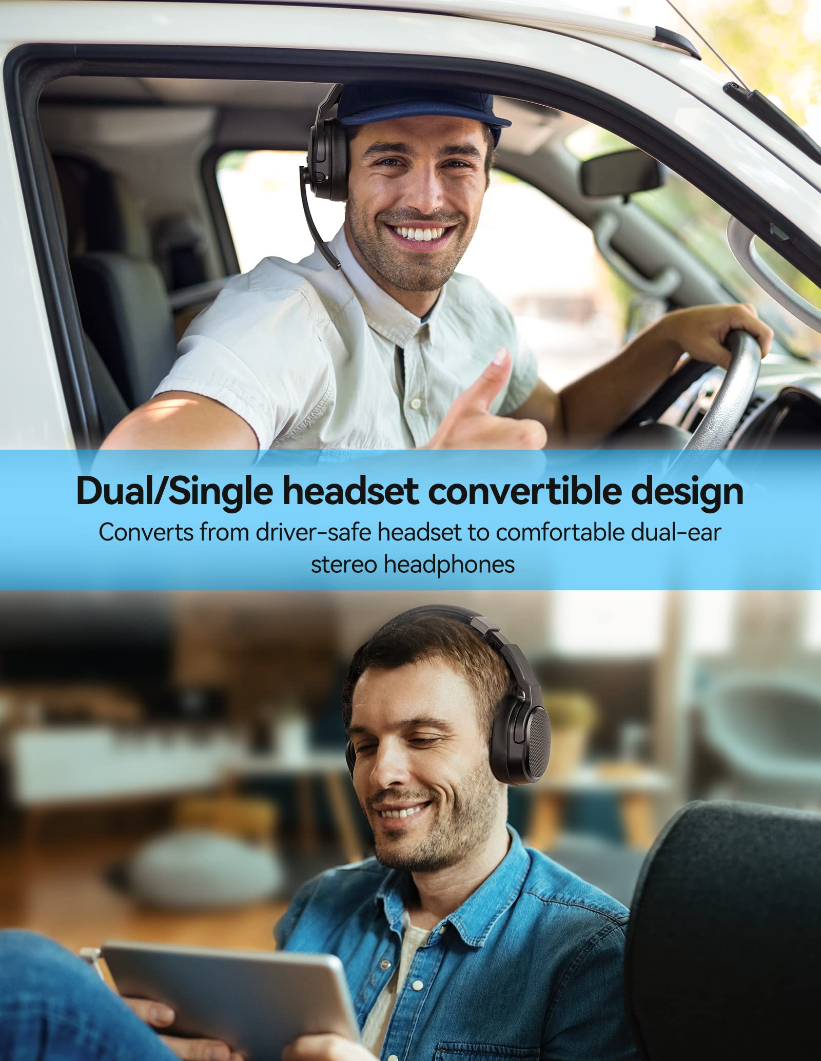 TECKNET Wireless Bluetooth Headset with Microphone - Noise Cancelling 2-in-1 Headphones, 3 EQ Modes, Detachable Boom Mic for Computer, Teams, Skype - Perfect for Office, Call Center, Remote Work & Online Meetings