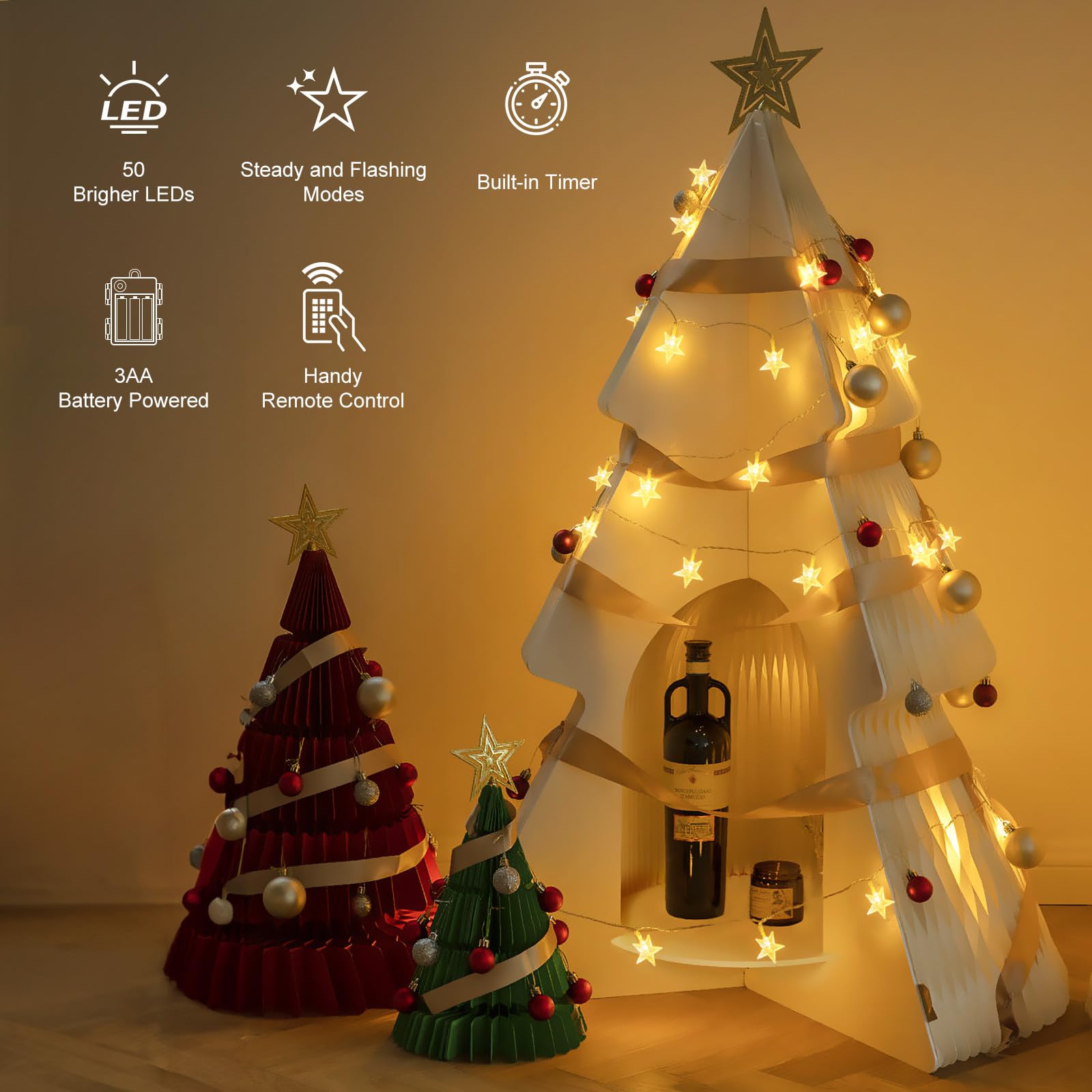 Brightown 50 LED Star String Lights - 17 ft Battery Operated Fairy Lights with Remote & Timer, 8 Lighting Modes, Waterproof for Indoor Outdoor Use - Perfect for Bedroom, Tent, Loft, Patio, Wedding & Party Decor (Warm White)