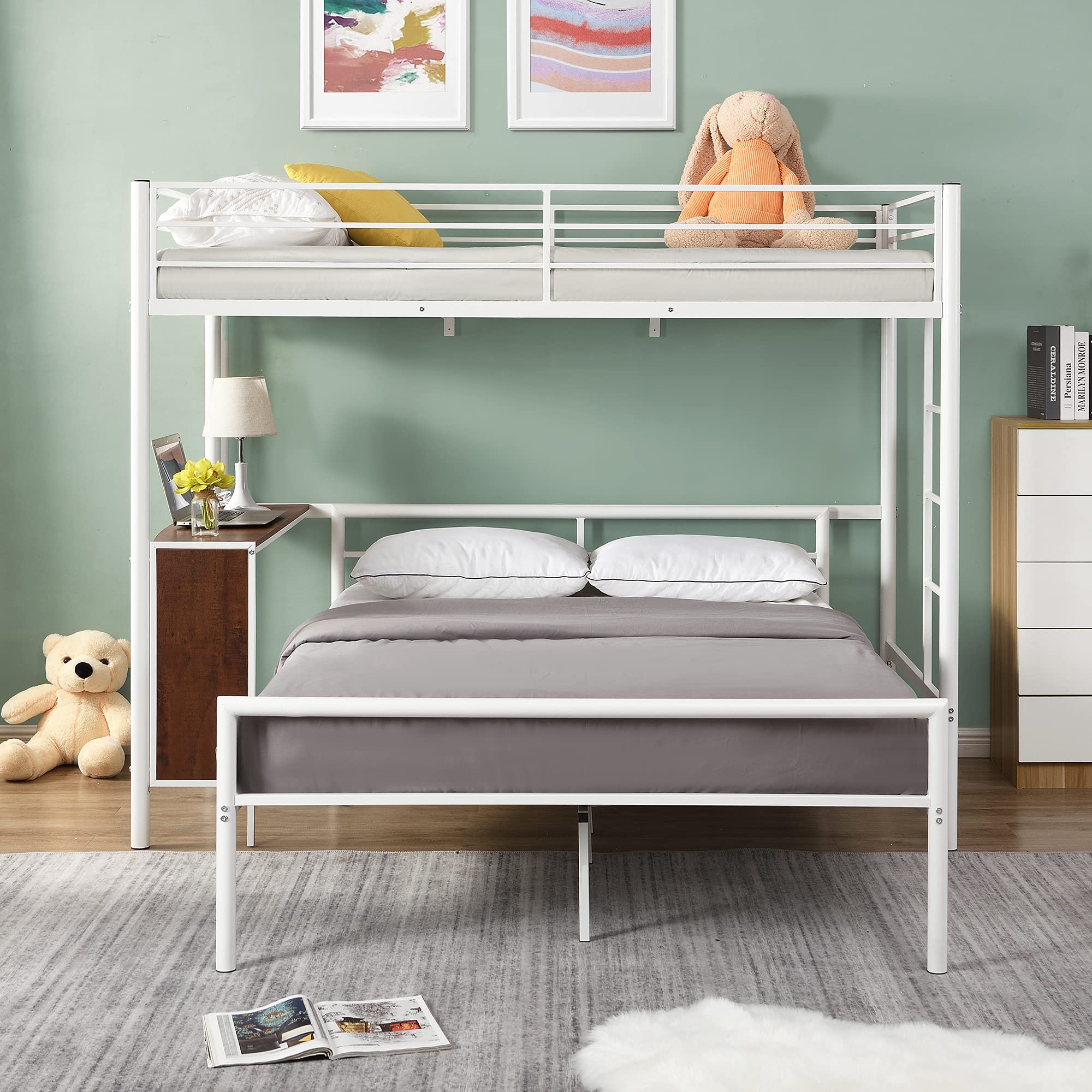 **Metal Twin Over Full Bunk Bed with Built-in Desk & Guardrail - Space-Saving Loft Bed with Flat Steps Ladder, White - Perfect for Kids' Rooms, Dorms & Small Apartments**