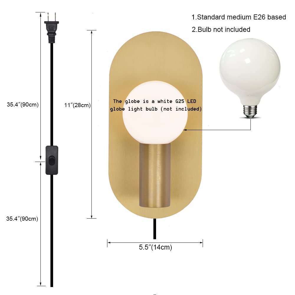 Gold Plug in Wall Sconce Set of 2 - Modern Brushed Stainless Steel Wall Lighting with On/Off Switch - Bedroom, Living Room & Bathroom Wall Mount Light Fixture for Home Decor and Ambient Lighting