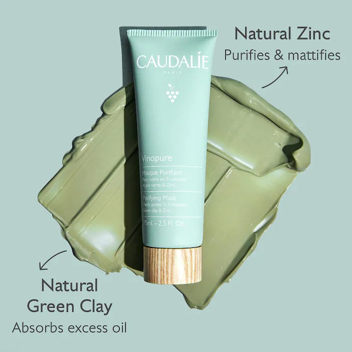 Caudalie Vinopure Purifying Clay Mask - Detox & Brighten for Oily & Acne-Prone Skin | Deep Cleansing Pore Minimizer for Glowing Complexion | Perfect for Spa Nights & Pre-Makeup Prep