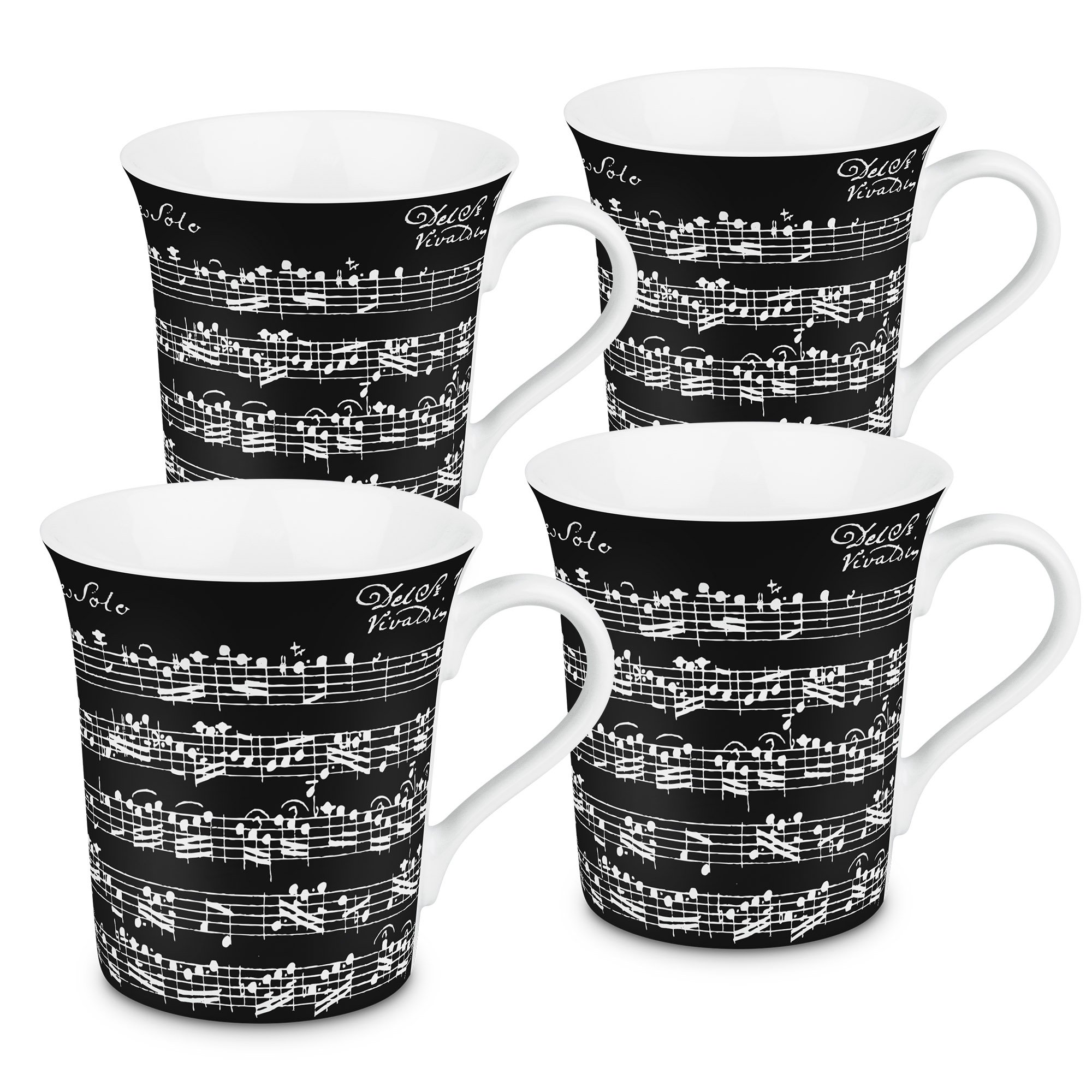 Konitz Vivaldi Porcelain Coffee Mugs Set of 4 - Black Music Mugs with Libretto Notes - Perfect Gift for Musicians & Coffee Lovers