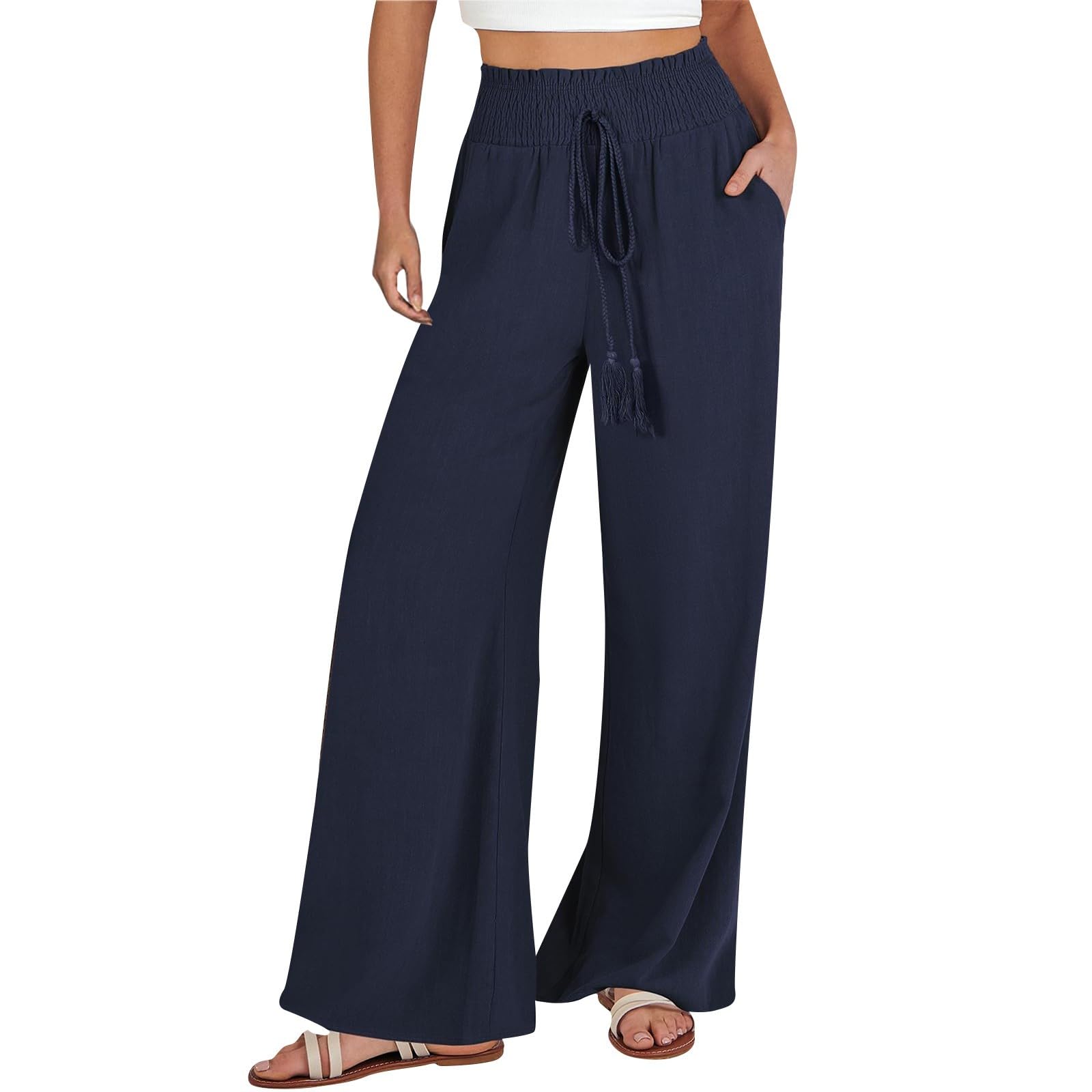 Women's Linen Palazzo Pants - Casual Wide Leg Drawstring Lounge Trousers with Pockets - Breathable Summer Beach Pants for Women - Small Size - Dark Blue #E4 - Perfect for Yoga, Travel & Relaxation