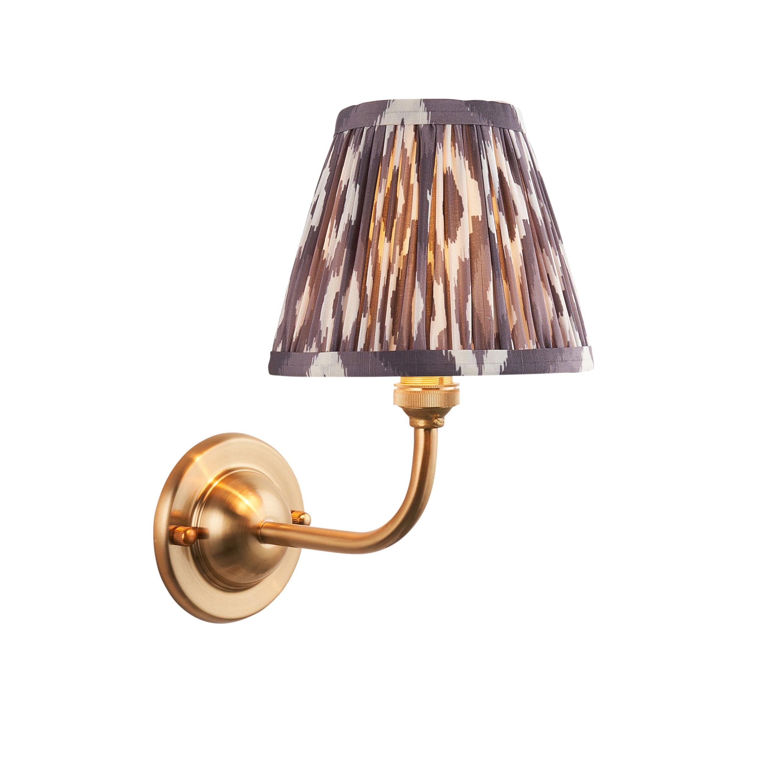 Vintage Dome Arc Brass Wall Light with 16cm Ikat Pearl Grey Shade - Perfect for Bedroom, Living Room & Hallway Lighting