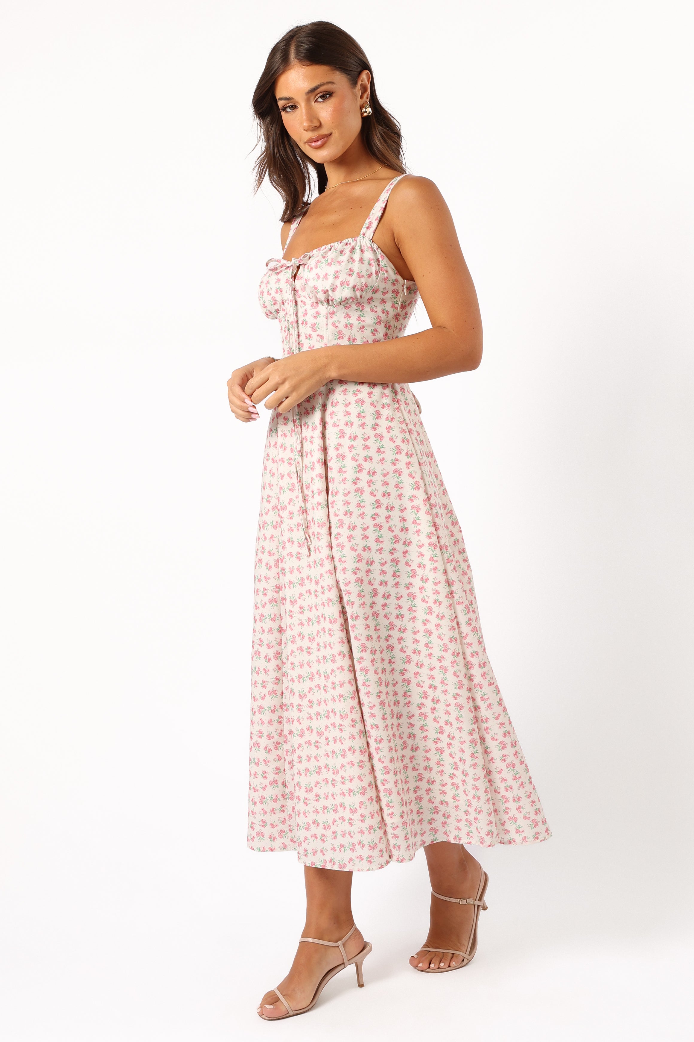 Elodie Midi Dress - Pink Floral Print Summer Dress for Women | Perfect for Beach Vacations, Brunch Dates & Garden Parties